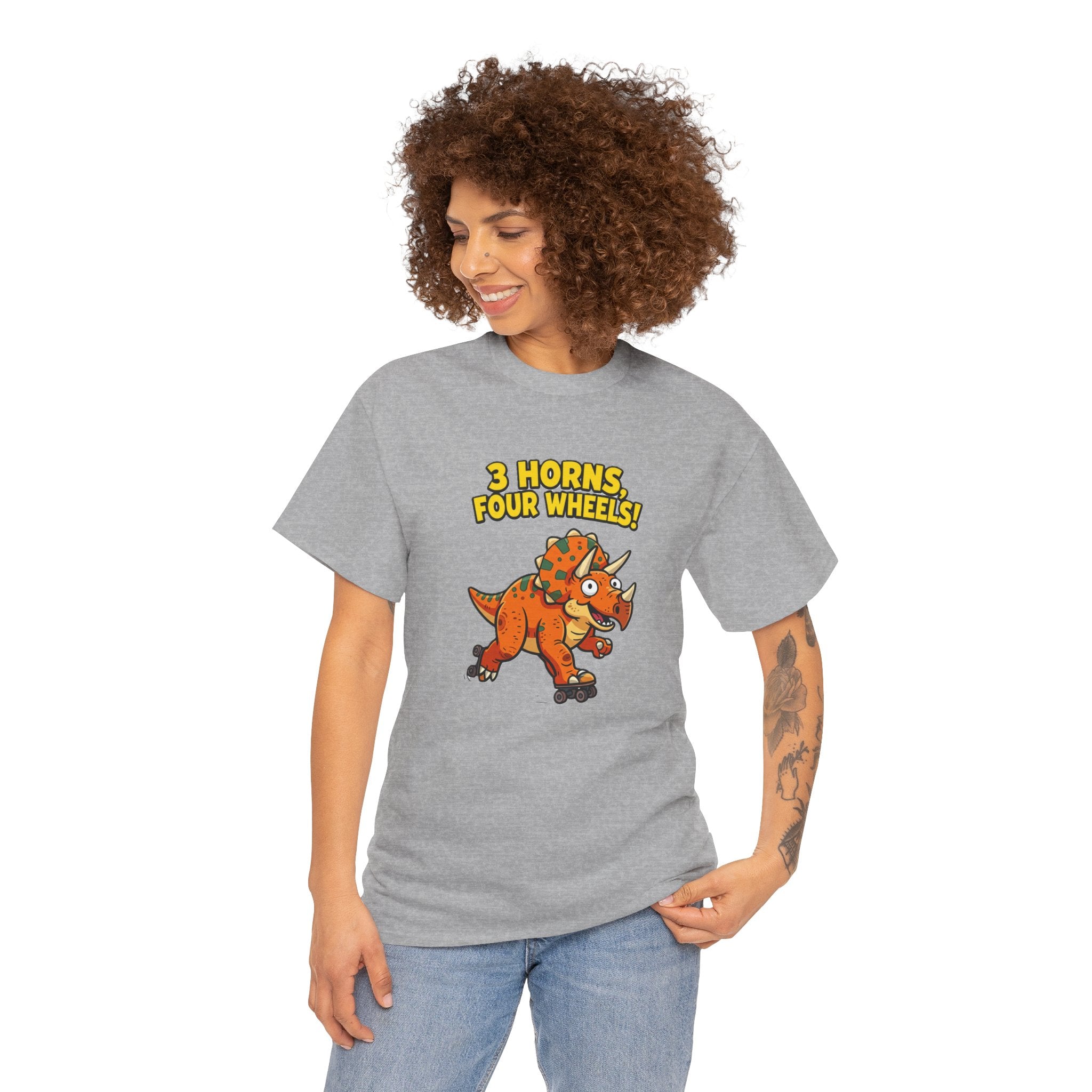 3 Horns Four Wheels T-Shirt – Funny Triceratops Roller Skate Cartoon Dinosaur | Dino Skater Graphic Tee