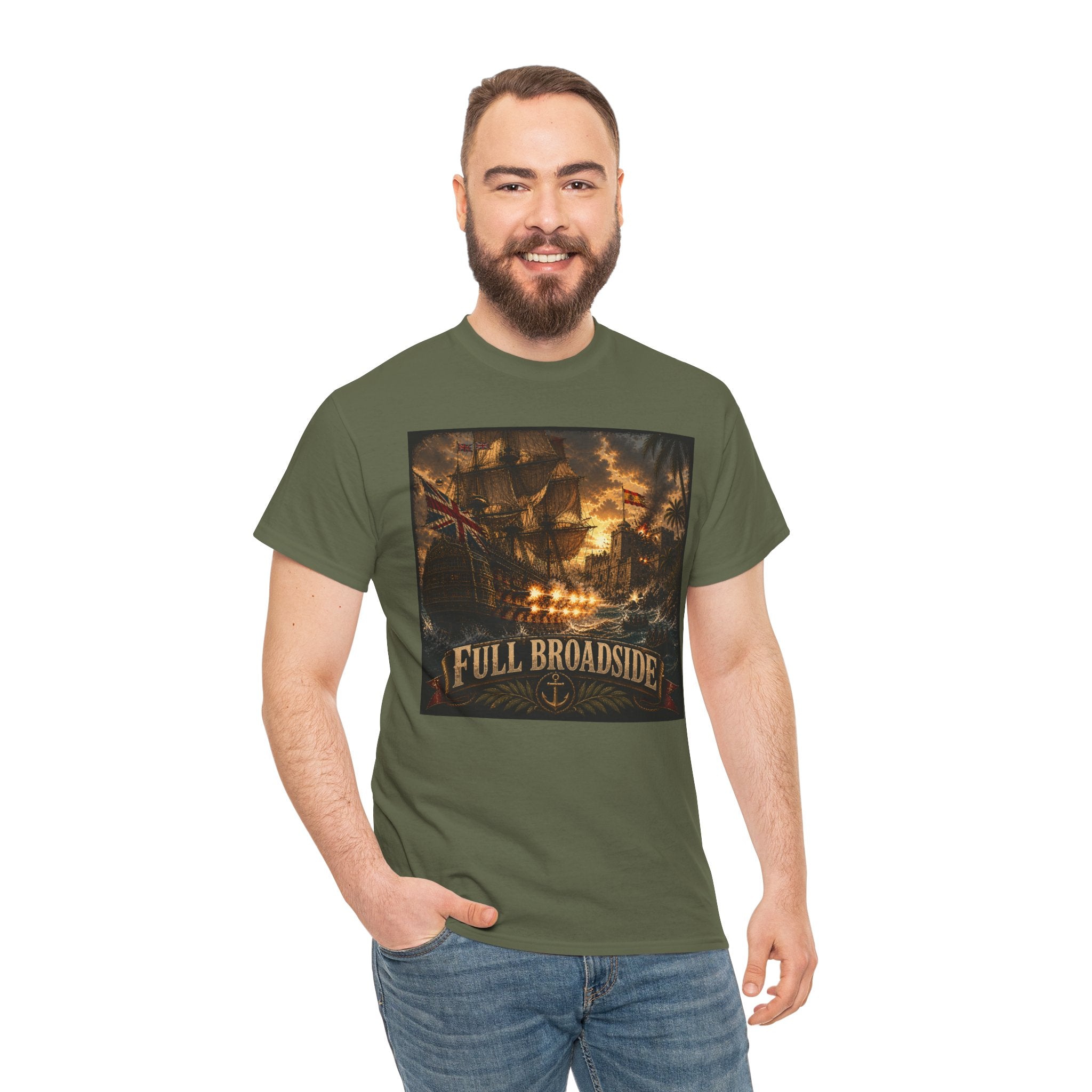Full Broadside T-Shirt – British Warship Cannon Attack | Age of Sail Naval Battle Graphic Tee