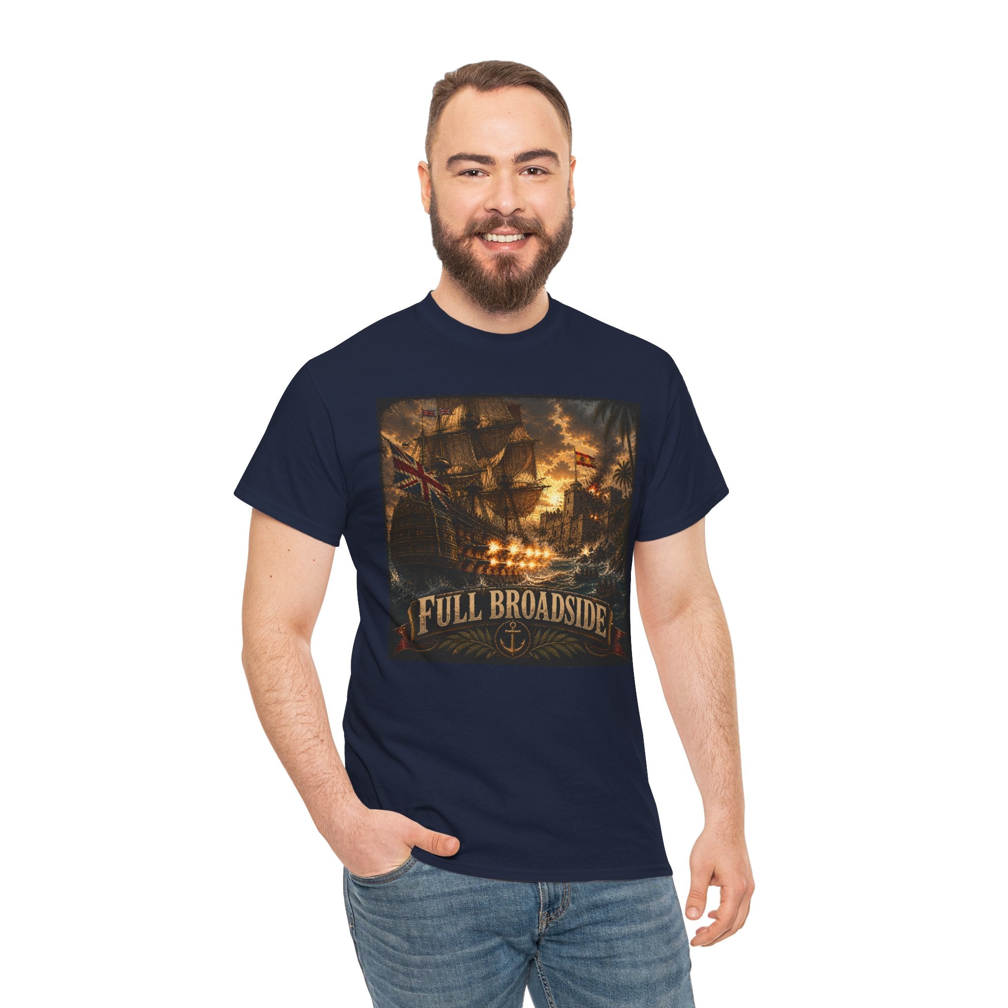 Full Broadside T-Shirt – British Warship Cannon Attack | Age of Sail Naval Battle Graphic Tee