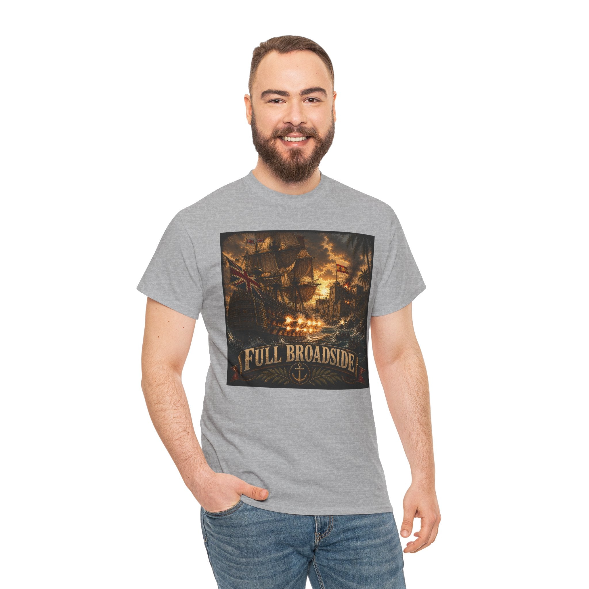 Full Broadside T-Shirt – British Warship Cannon Attack | Age of Sail Naval Battle Graphic Tee