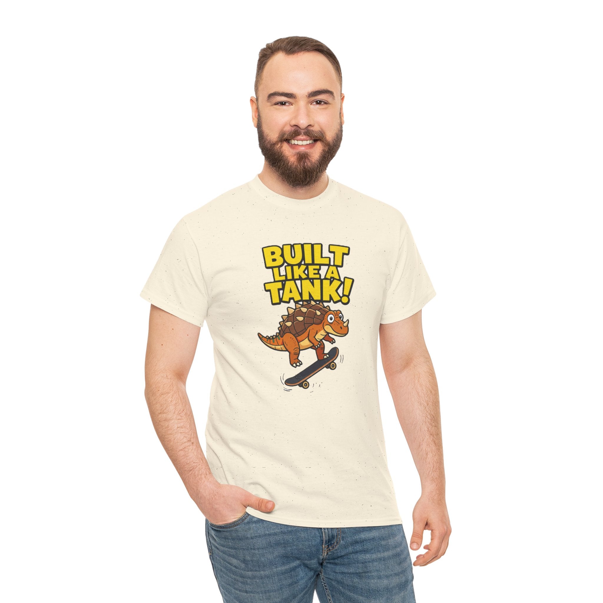 Built Like a Tank T-Shirt – Funny Ankylosaurus Skateboard Cartoon Dinosaur | Armoured Dino Skater Graphic Tee