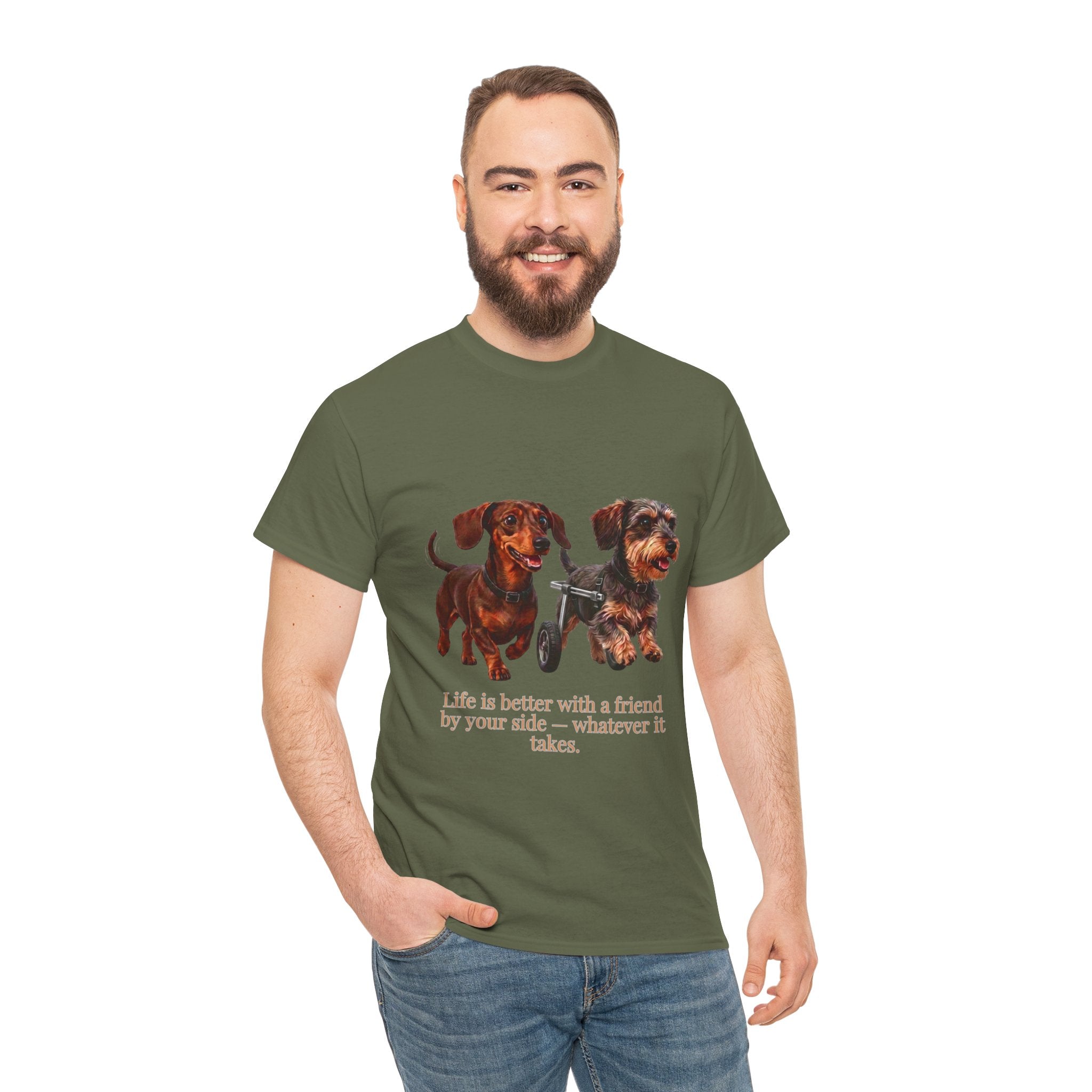 Life Is Better With a Friend by Your Side T-Shirt | Dachshund on Wheels Dog Tee | Heartwarming Furry Friends Graphic T-Shirt