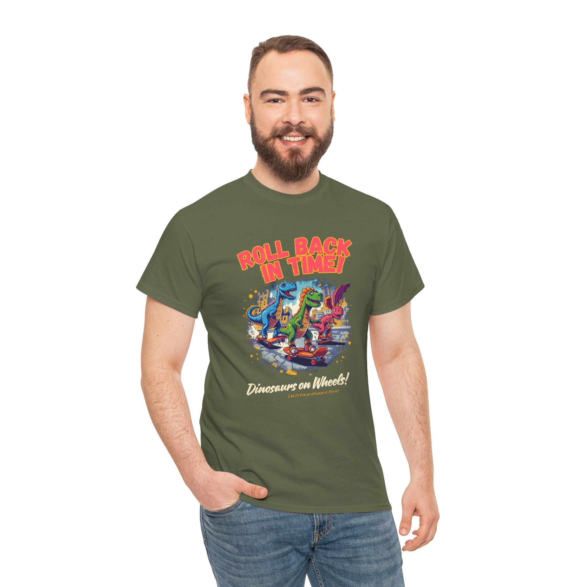 Roll Back In Time T-Shirt | Skateboarding Dinosaurs Street Art Design | Funny Dino Graphic Tee | Cartoon Fun Collection