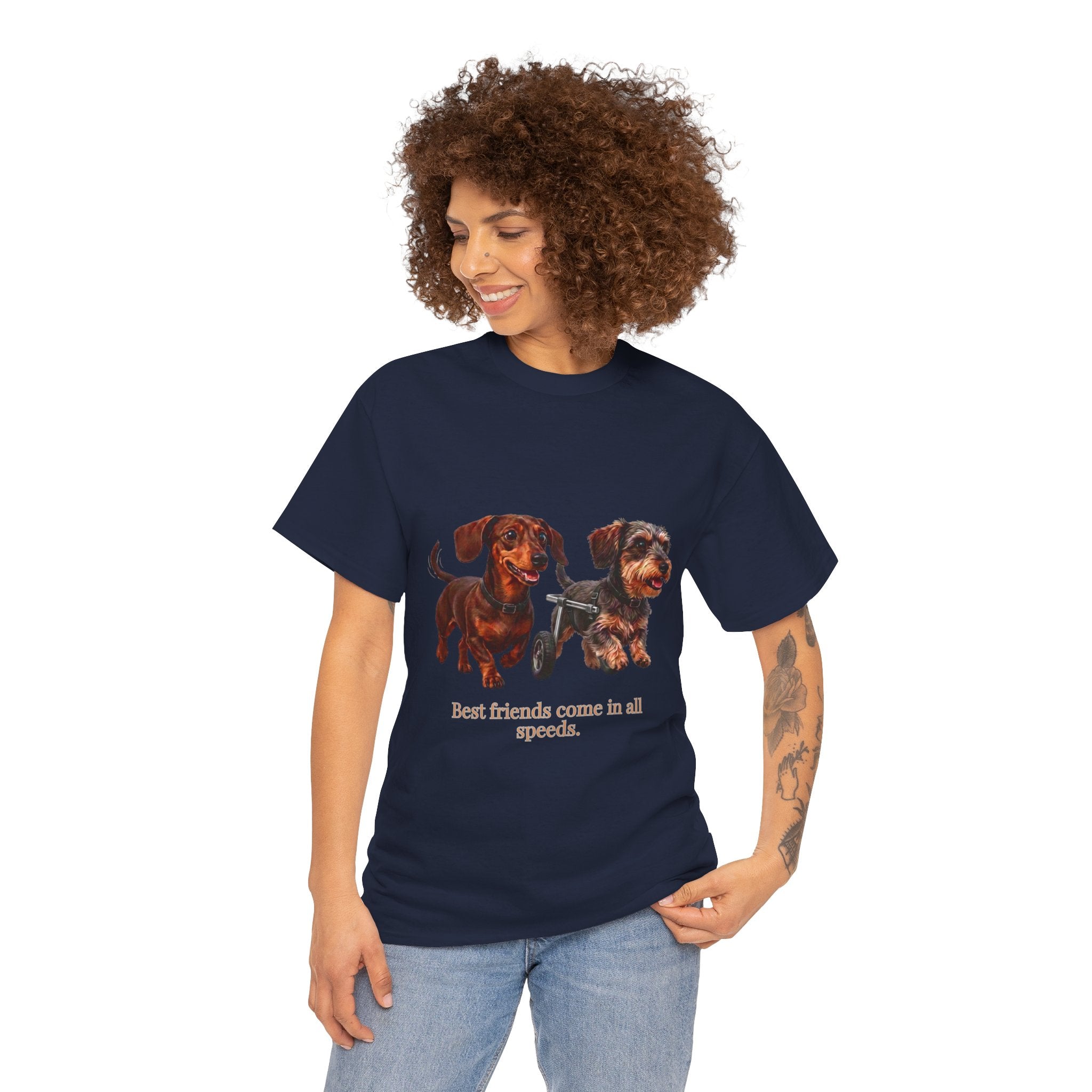 Dachshund Friends T‑Shirt — “Best Friends Come in All Speeds T-Shirt | Cute Dachshund Wheelchair Dog Tee | Heartwarming Furry Friends Graphic Dog Lover Tee