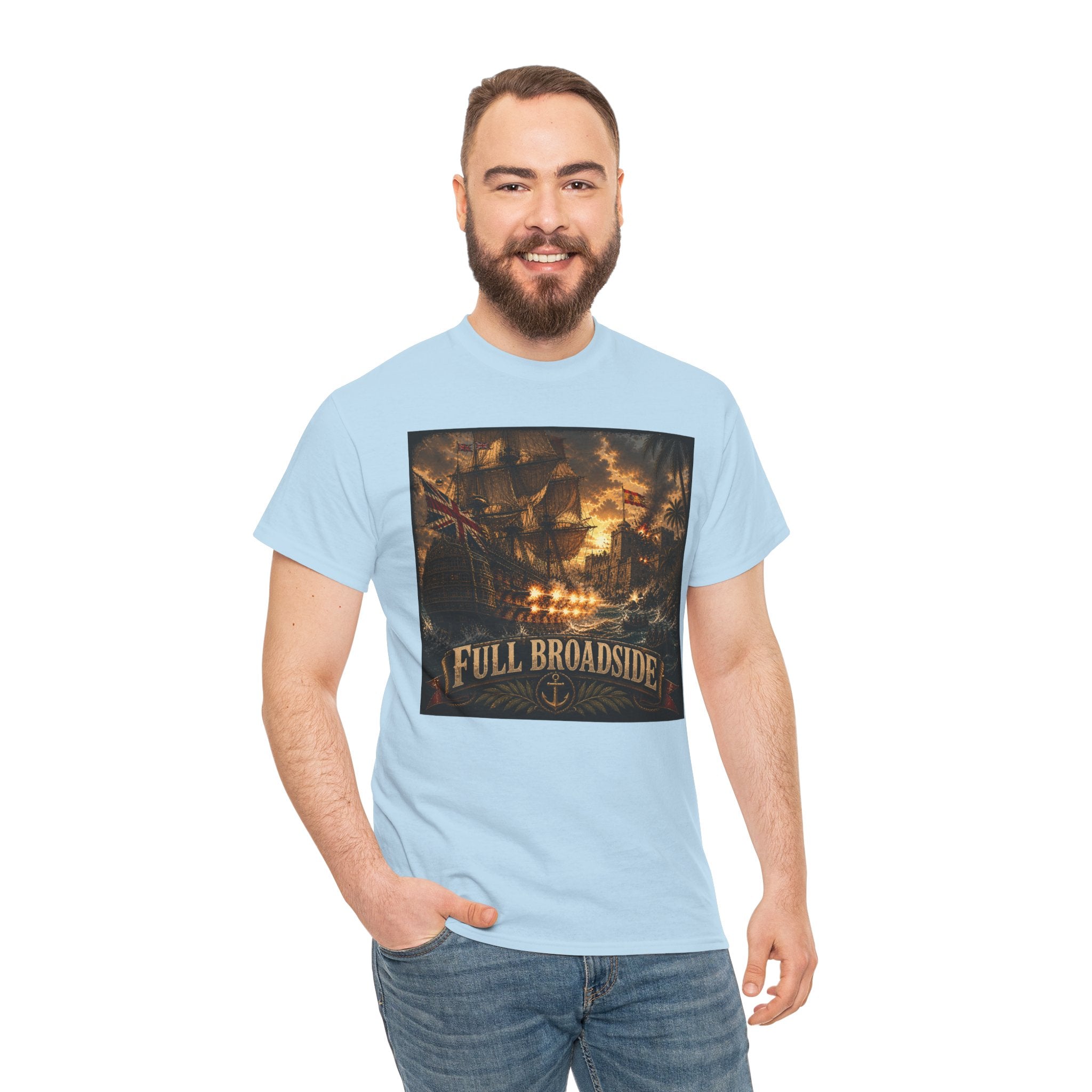 Full Broadside T-Shirt – British Warship Cannon Attack | Age of Sail Naval Battle Graphic Tee