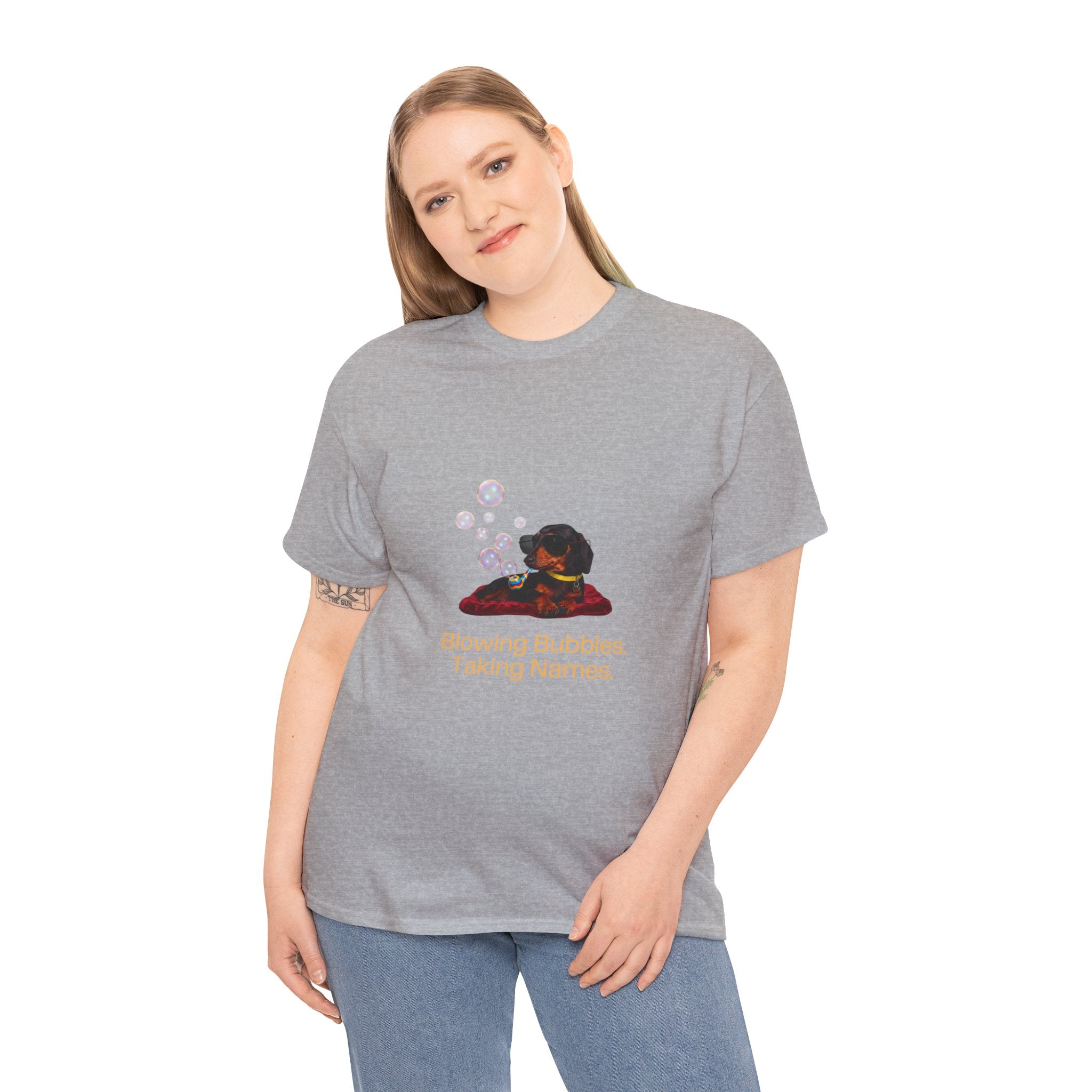 Blowing Bubbles Taking Names T-Shirt – Funny Cool Dachshund Sunglasses Bubble Pipe | Sausage Dog Wiener Dog Graphic Tee