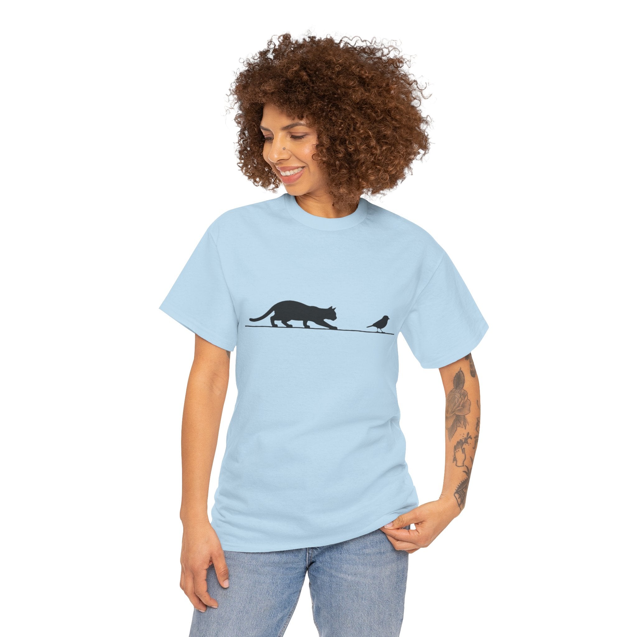 Cat and Bird Minimalist Tee — Silhouette Graphic T‑Shirt