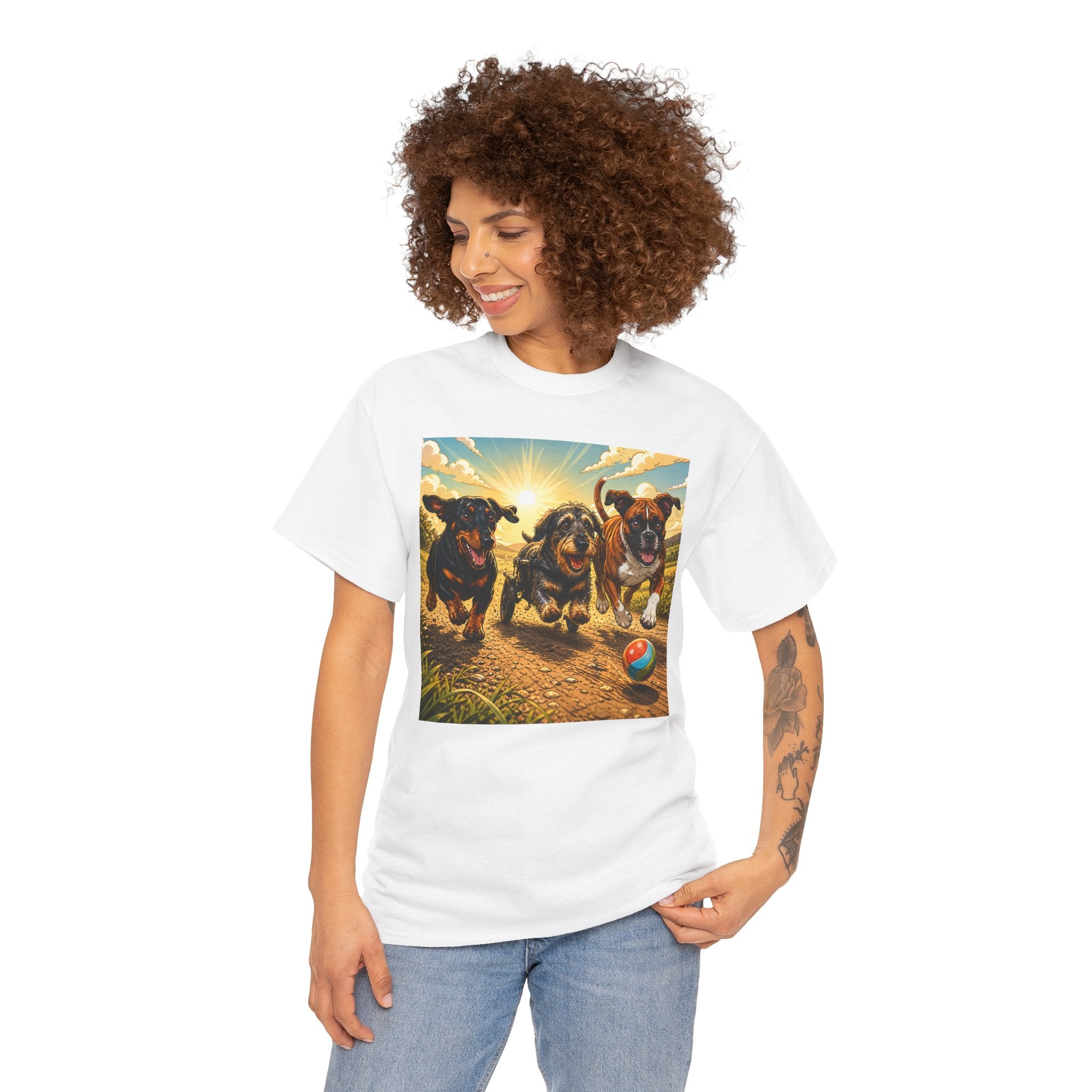Three Dogs No Limits T-Shirt | Wheelchair Dachshund Boxer Friendship Tee | Inclusive Pet Lover Graphic Shirt |Dog Awareness Gift