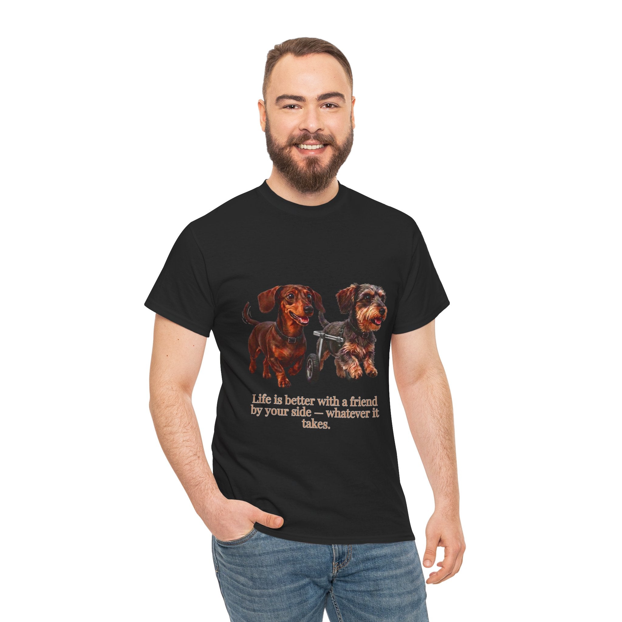 Life Is Better With a Friend by Your Side T-Shirt | Dachshund on Wheels Dog Tee | Heartwarming Furry Friends Graphic T-Shirt