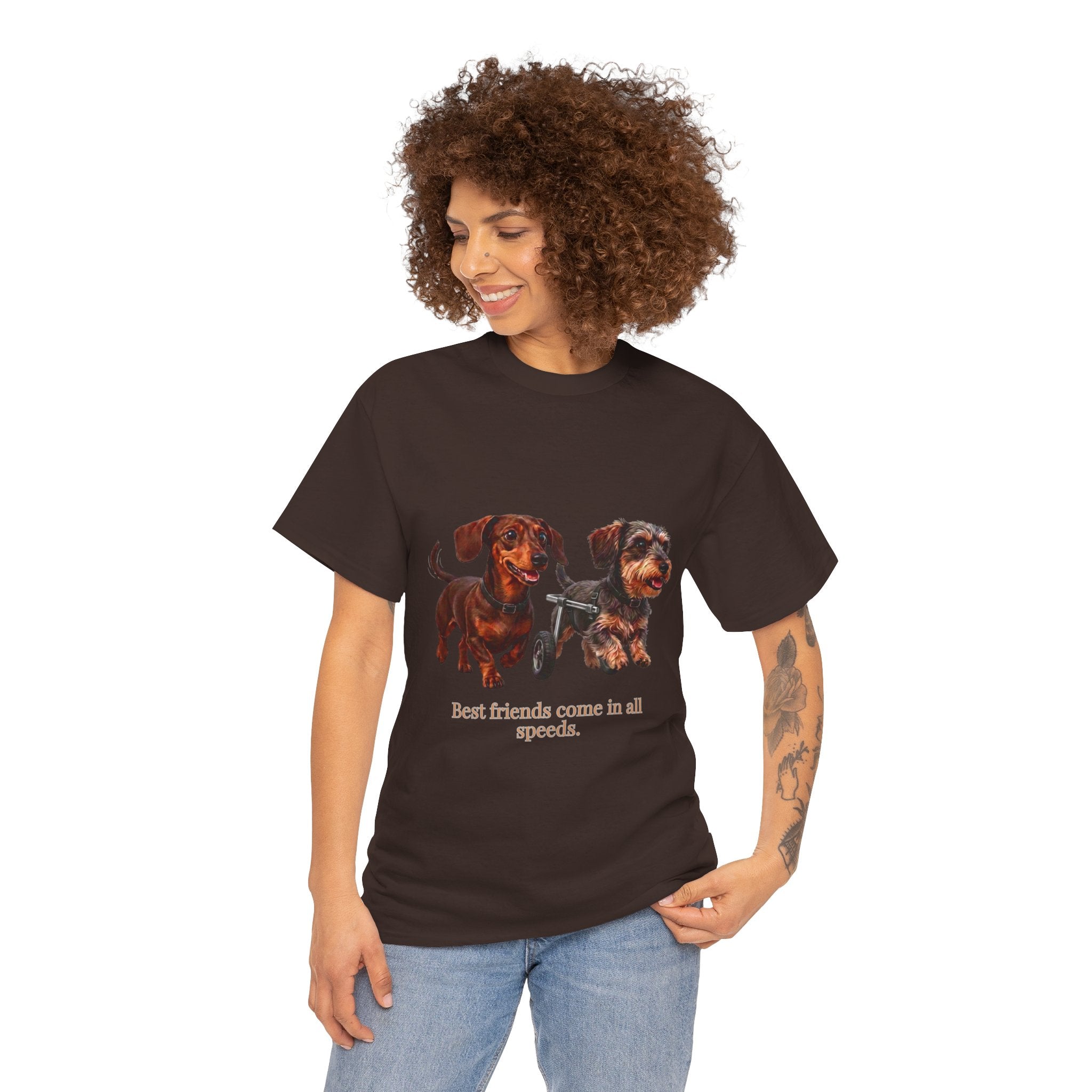 Dachshund Friends T‑Shirt — “Best Friends Come in All Speeds T-Shirt | Cute Dachshund Wheelchair Dog Tee | Heartwarming Furry Friends Graphic Dog Lover Tee