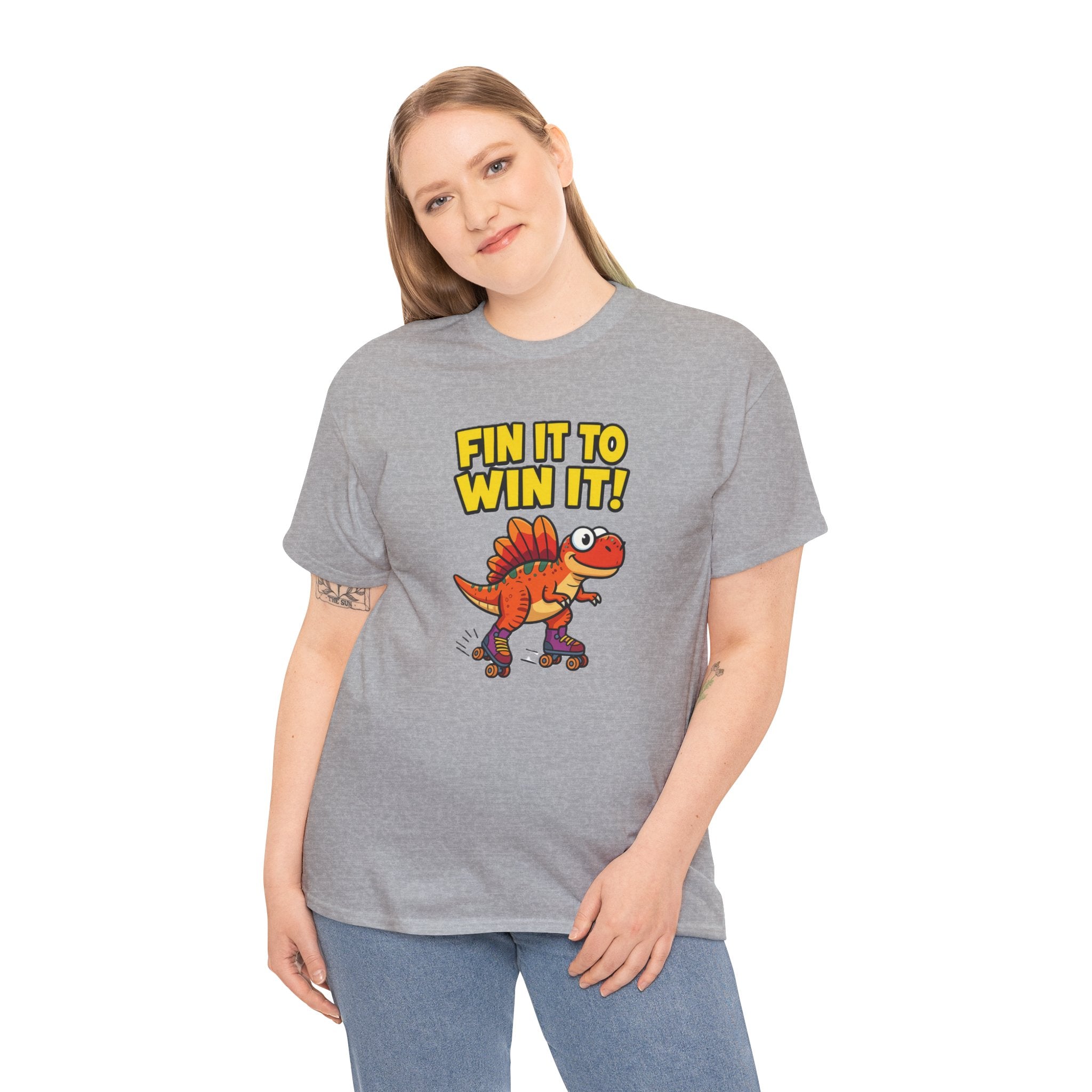 Fin It to Win It T-Shirt – Funny Spinosaurus Roller Skate Cartoon Dinosaur | Dino Skater Pun Graphic Tee