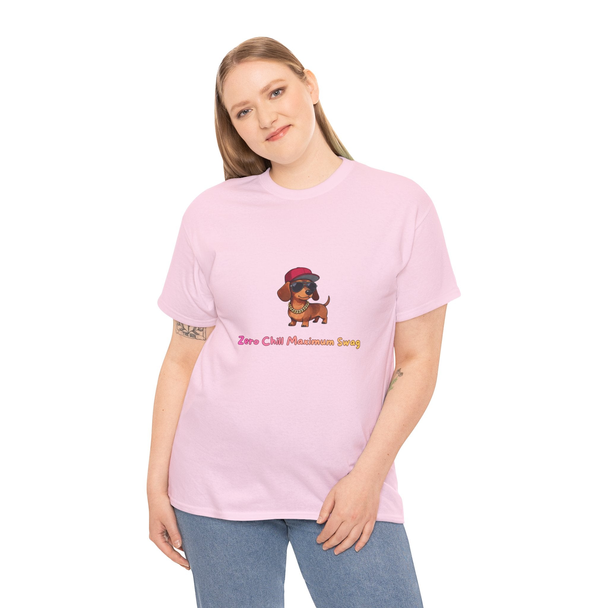 Zero Chill Maximum Swag T-Shirt – Funny Dachshund Hip Hop Attitude Gold Chain | Sausage Dog Wiener Dog Graphic Tee