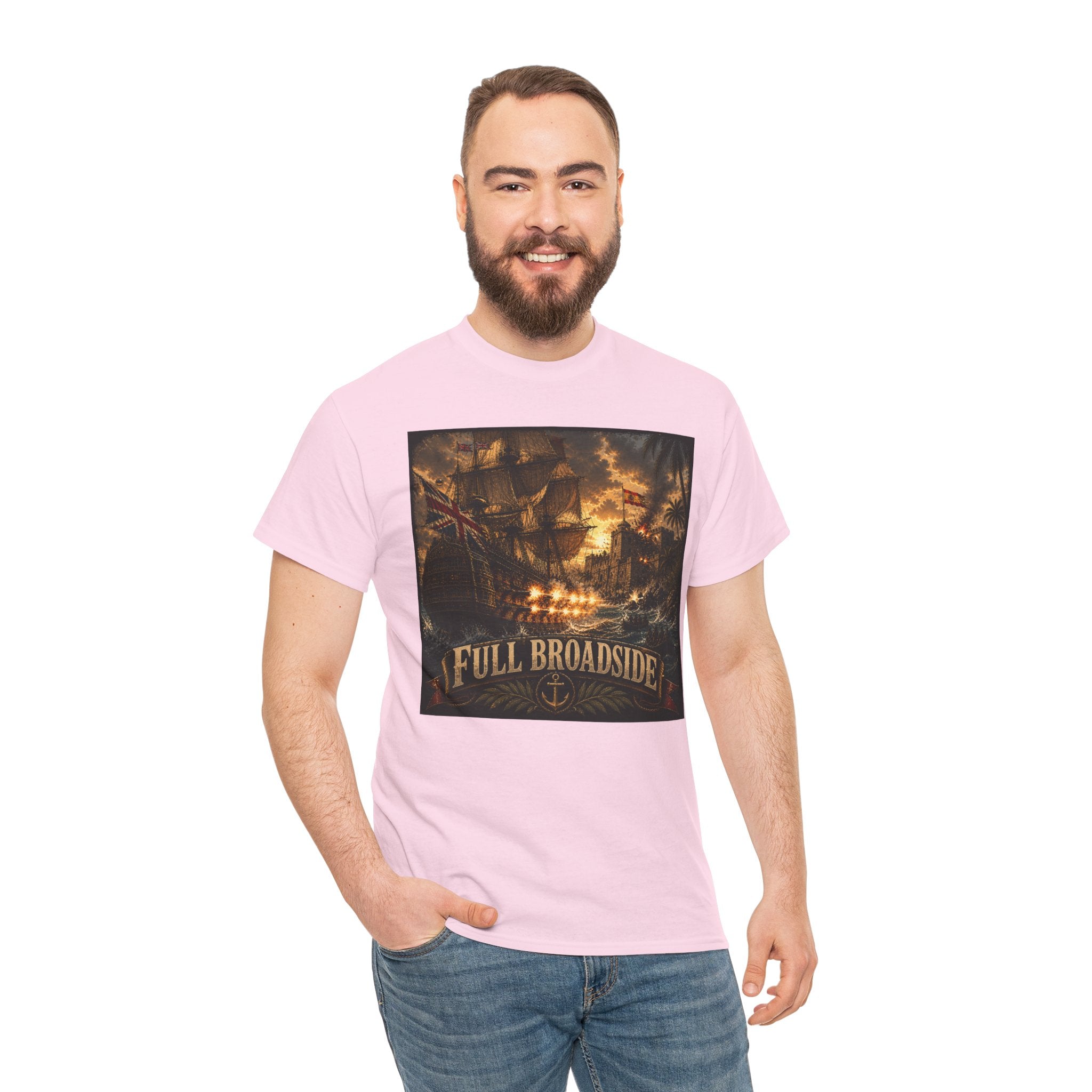 Full Broadside T-Shirt – British Warship Cannon Attack | Age of Sail Naval Battle Graphic Tee