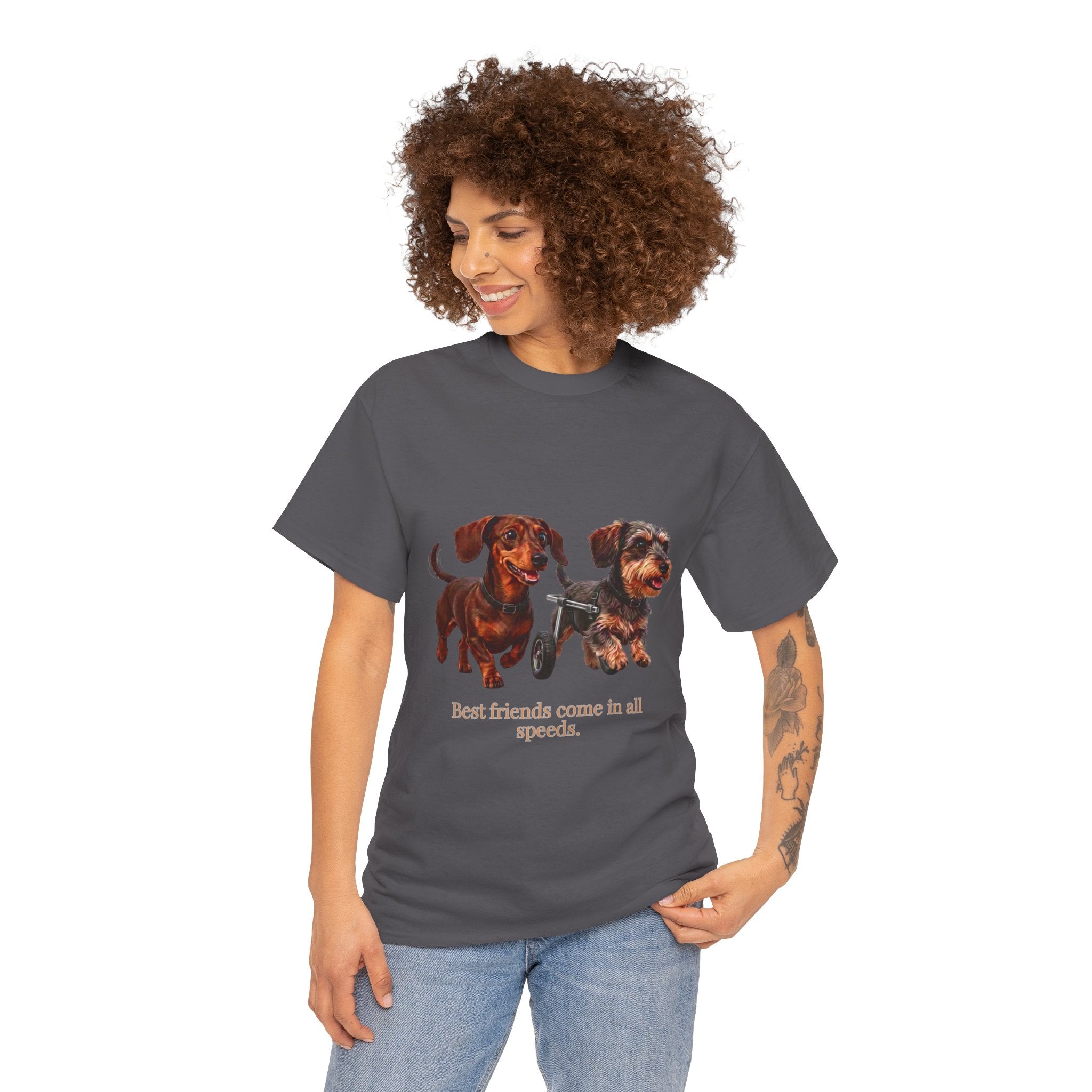 Dachshund Friends T‑Shirt — “Best Friends Come in All Speeds T-Shirt | Cute Dachshund Wheelchair Dog Tee | Heartwarming Furry Friends Graphic Dog Lover Tee