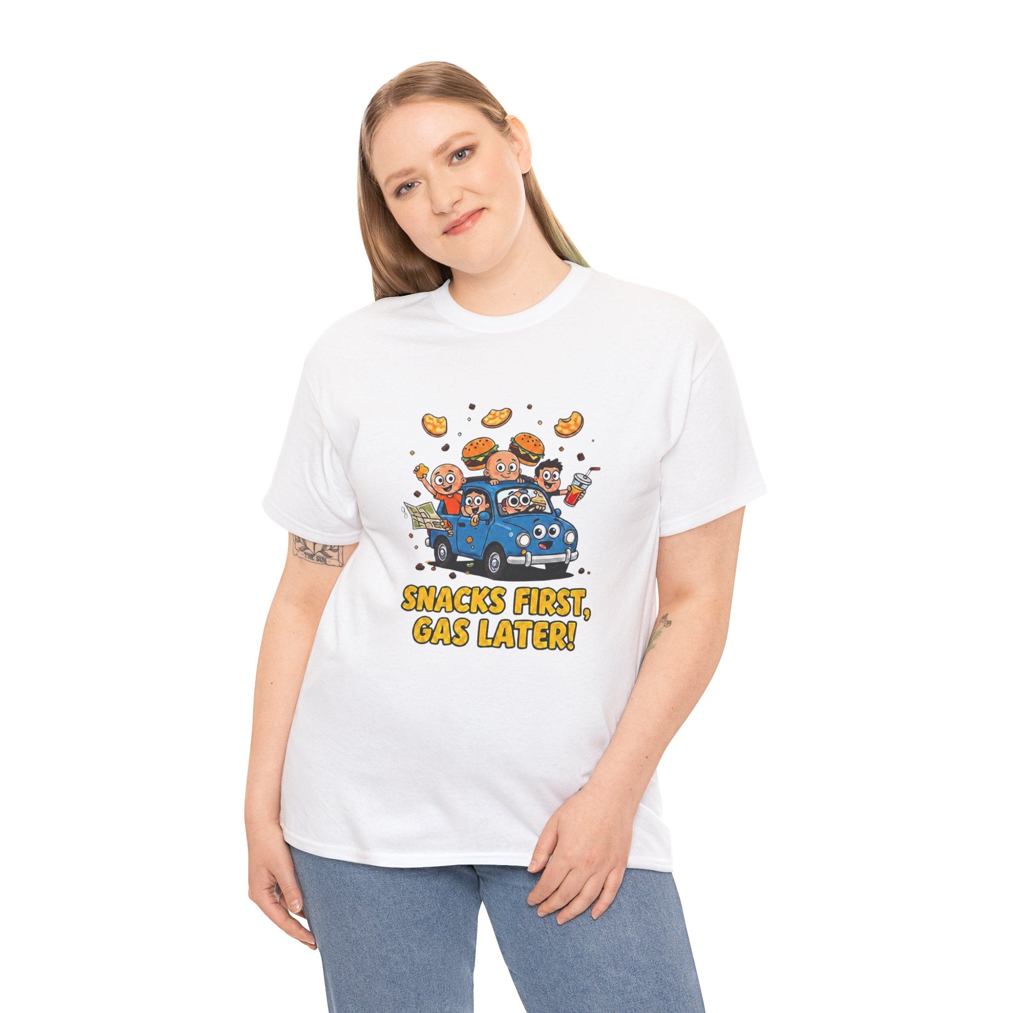 Snacks First Gas Later T-Shirt – Funny Road Trip Car Food Cartoon | Family Travel Humour Graphic Tee