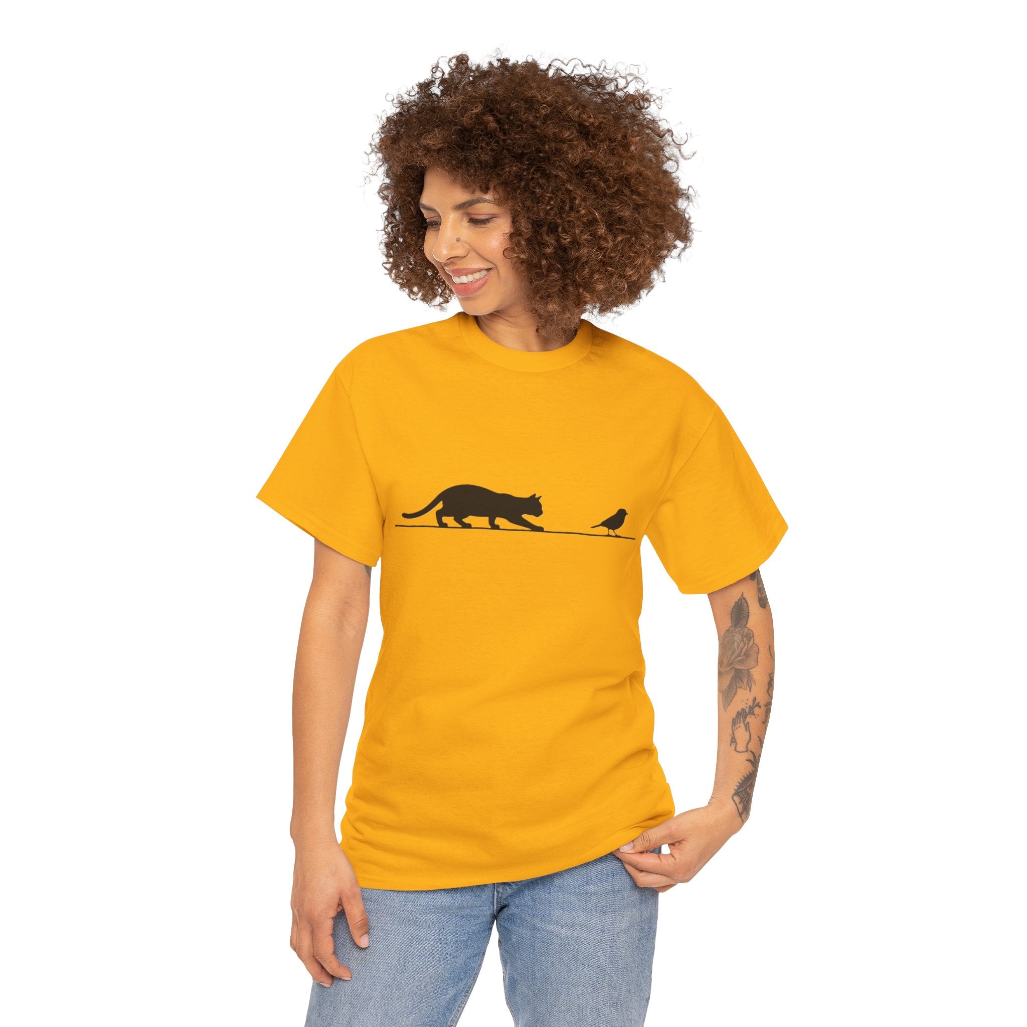 Cat and Bird Minimalist Tee — Silhouette Graphic T‑Shirt