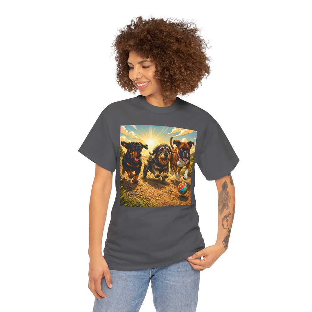 Dog Run Graphic T‑Shirt — Playful Dachshunds Chasing Ball Tee