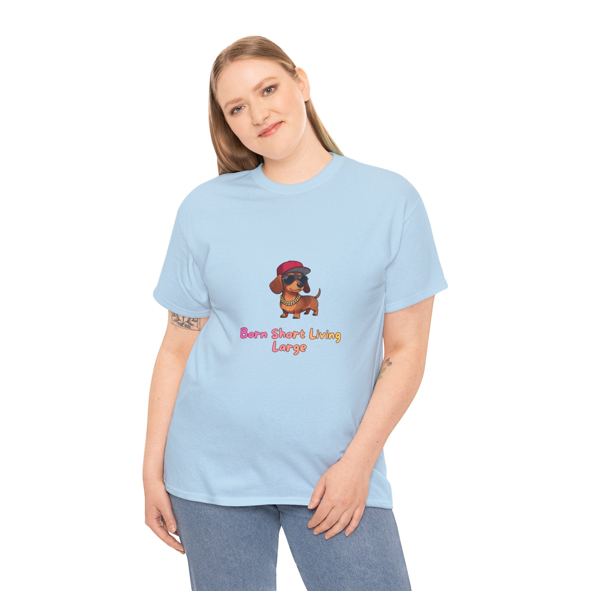 Born Short Living Large T-Shirt – Funny Hip Hop Dachshund Gold Chain Snapback | Wiener Dog Sausage Dog Graphic Tee