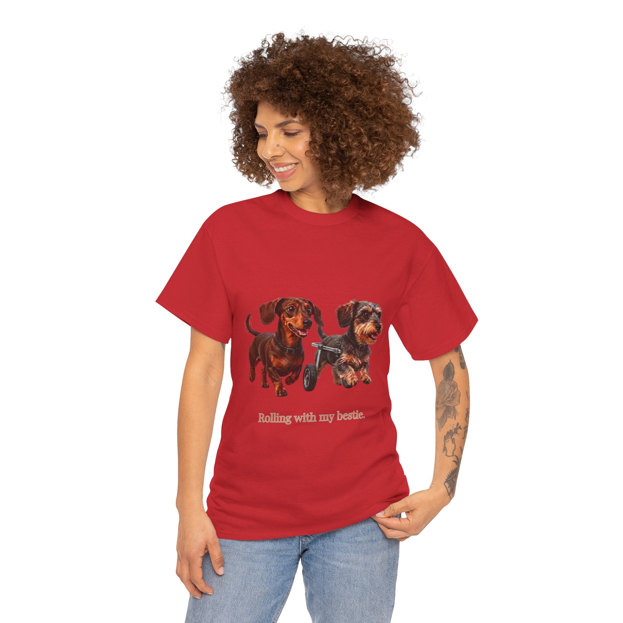 Rolling With My Bestie T-Shirt | Cute Dachshund Wheelchair Dog Tee | Funny Heartwarming Furry Friends Graphic T-Shirt