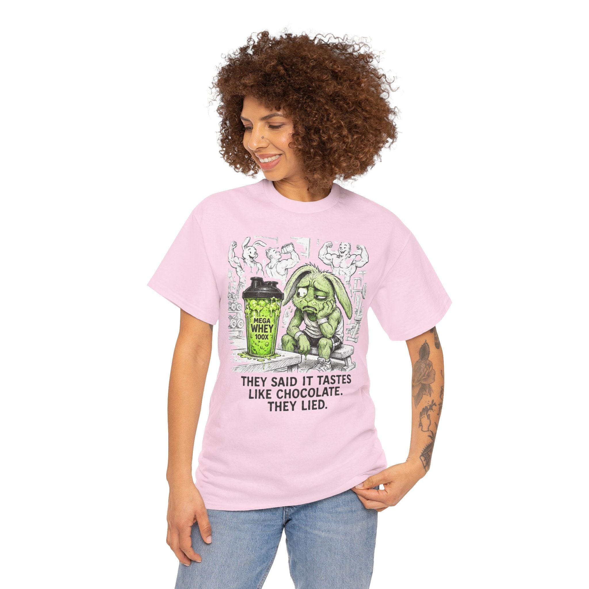 They Said It Tastes Like Chocolate T-Shirt – Funny Gym Protein Shake Bunny | Workout Humour Graphic Tee
