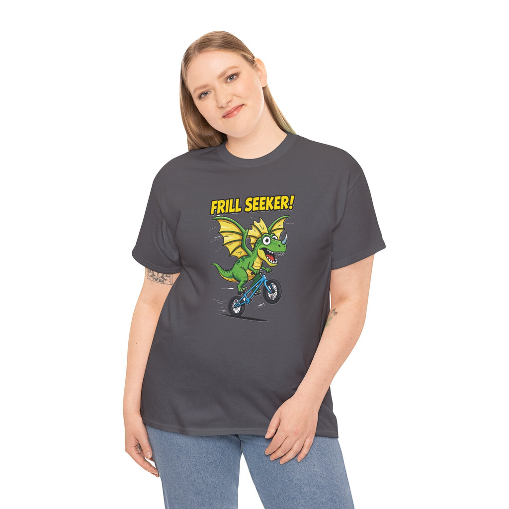 Frill Seeker T-Shirt – Funny Dragon Dinosaur BMX Bike Cartoon | Thrill Seeker Dino Pun Graphic Tee