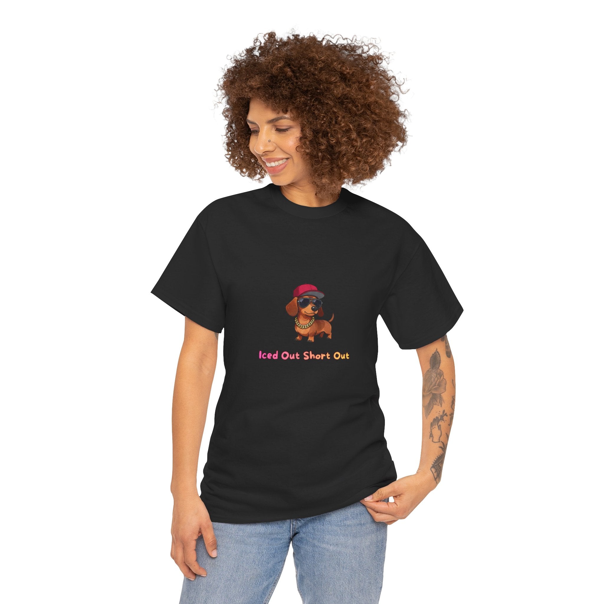 Iced Out Short Out T-Shirt – Funny Dachshund Gold Chain Bling Hip Hop | Wiener Dog Sausage Dog Graphic Tee