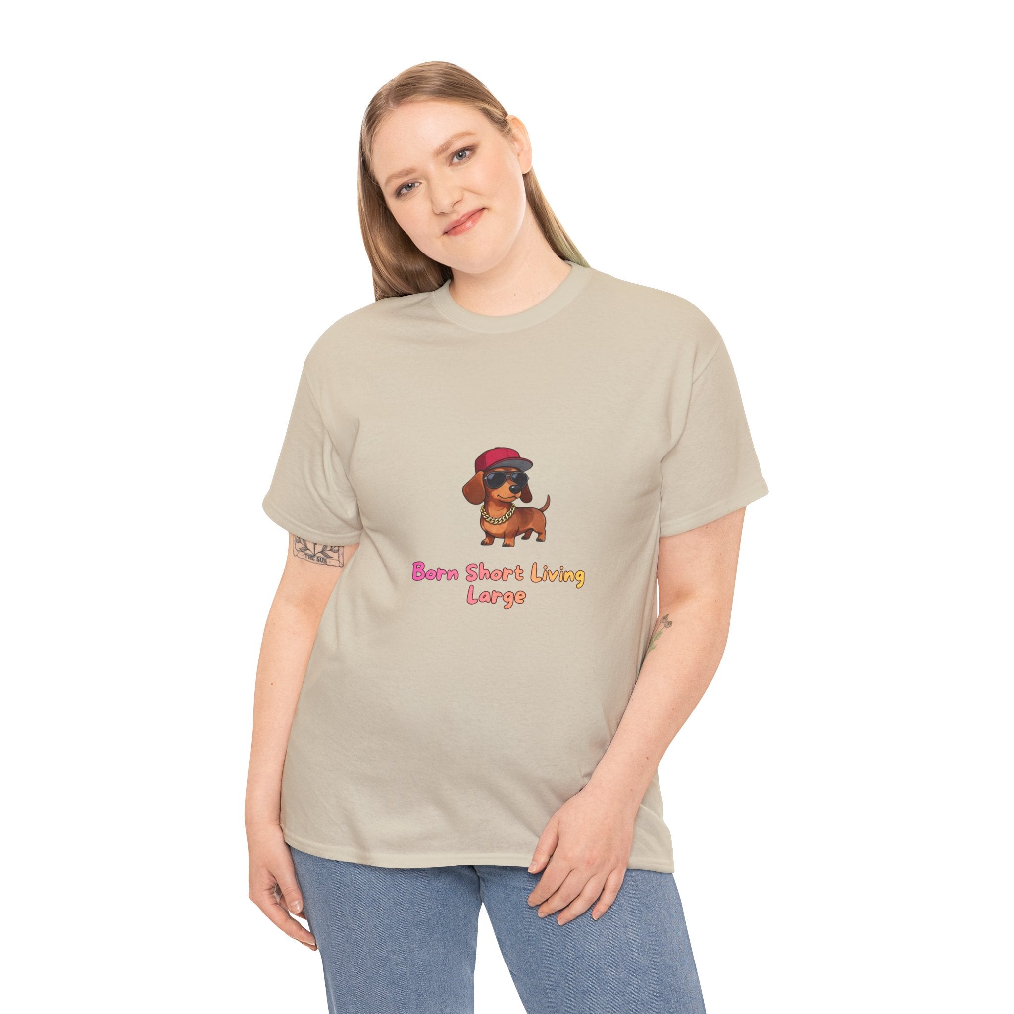 Born Short Living Large T-Shirt – Funny Hip Hop Dachshund Gold Chain Snapback | Wiener Dog Sausage Dog Graphic Tee