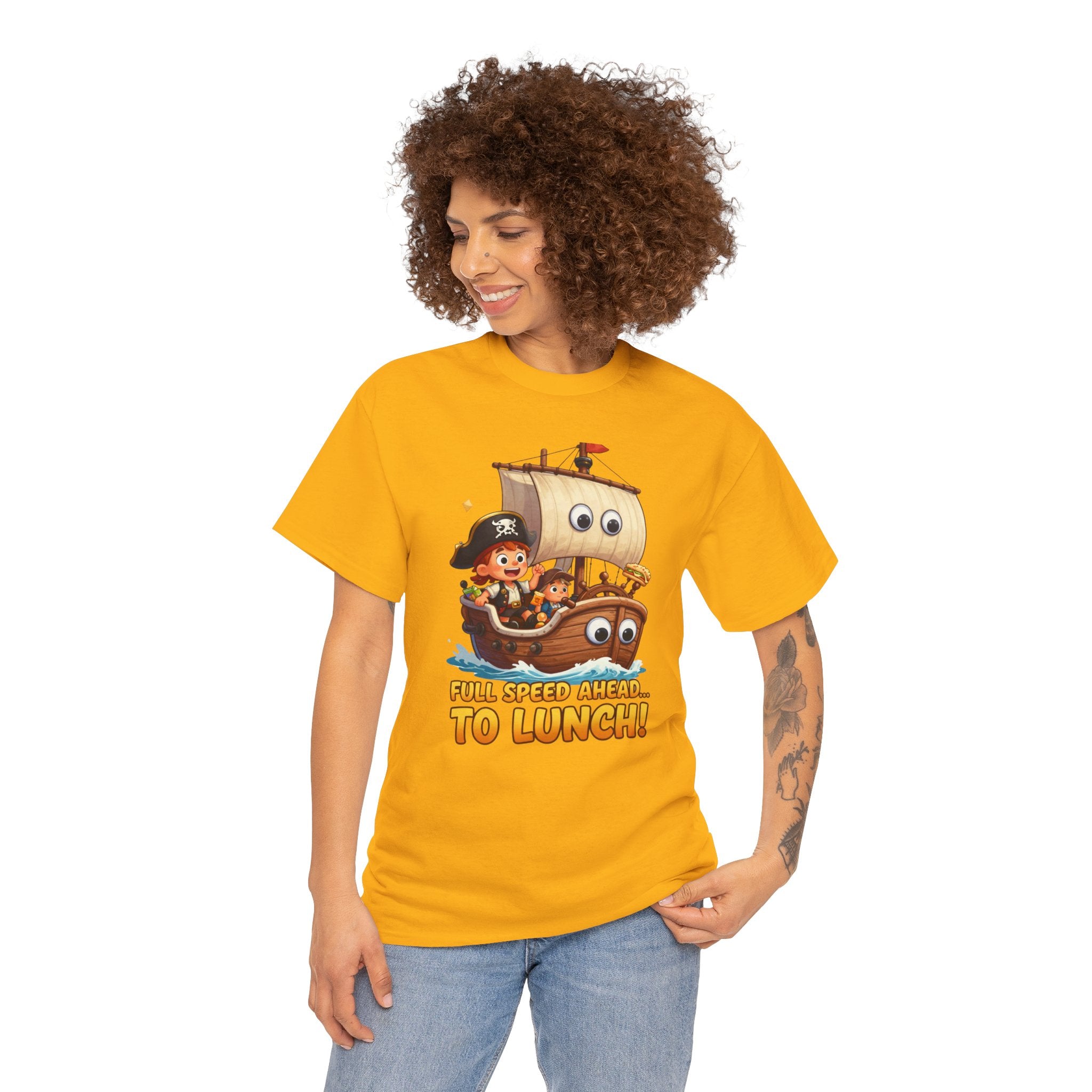 Full Speed Ahead To Lunch T-Shirt – Funny Pirate Ship Food Cartoon | Nautical Foodie Humour Graphic Tee