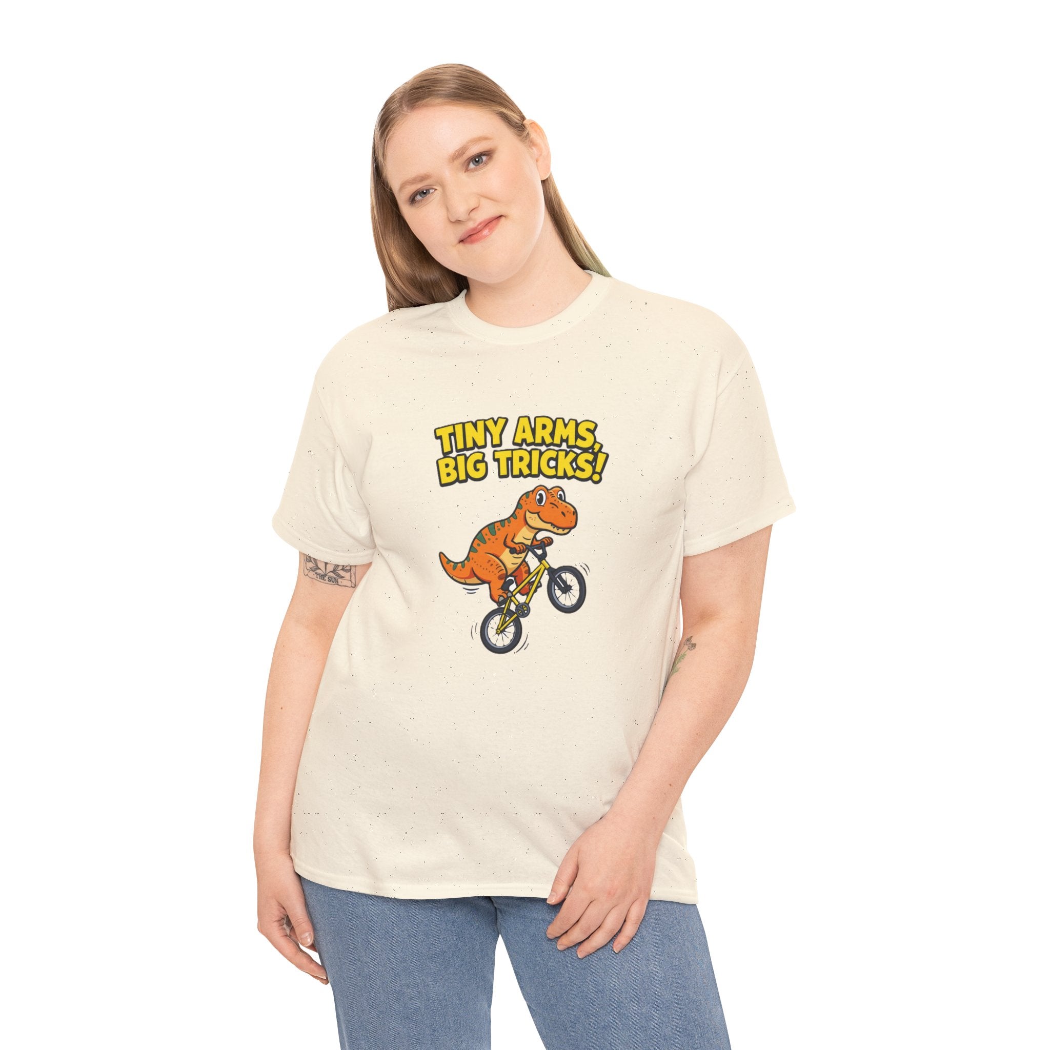 T-Shirt — "Tiny Arms, Big Tricks!" BMX Dino Graphic Tee