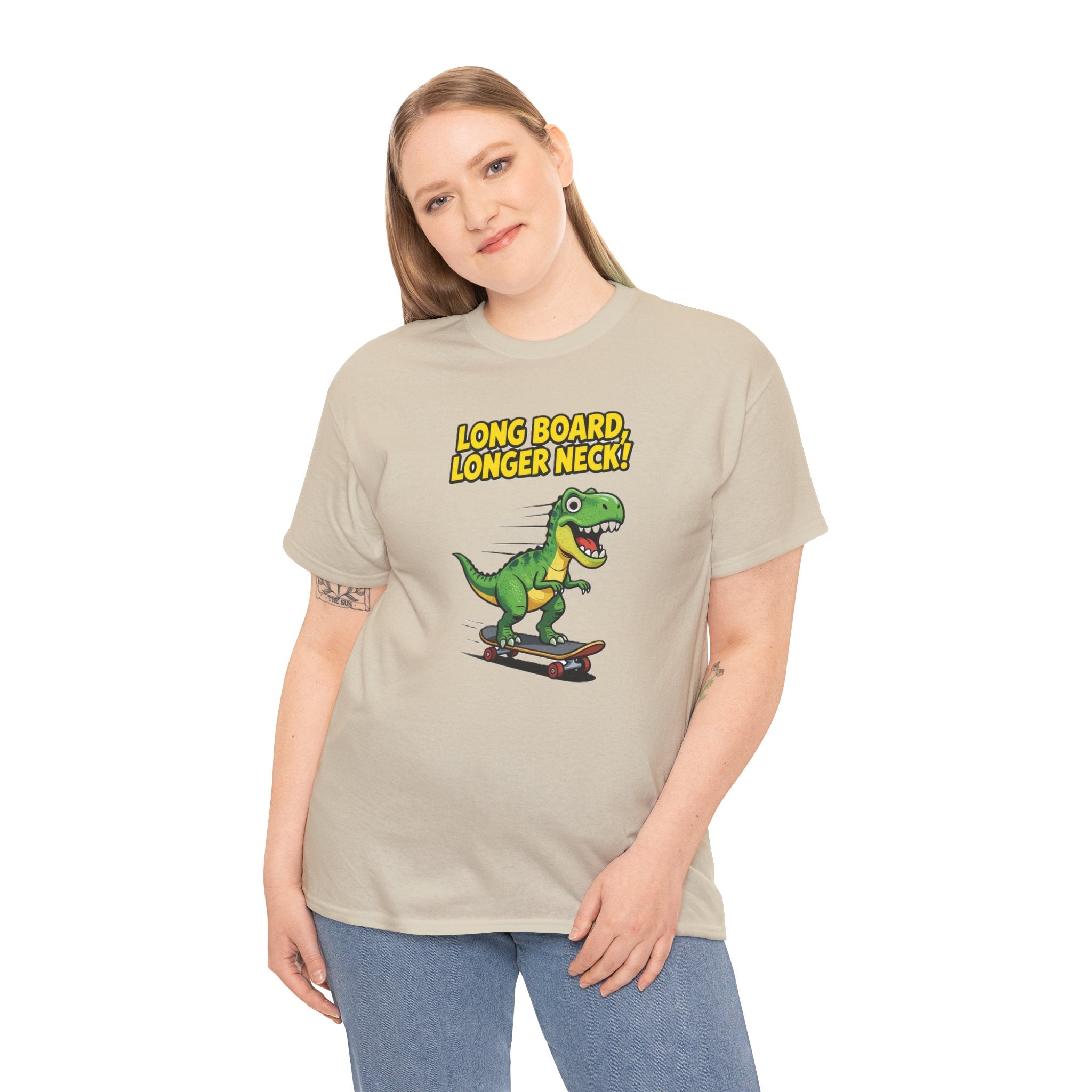 Long Board Longer Neck T-Shirt – Funny Green Dinosaur Longboard Skateboard Cartoon | Dino Skater Graphic Tee