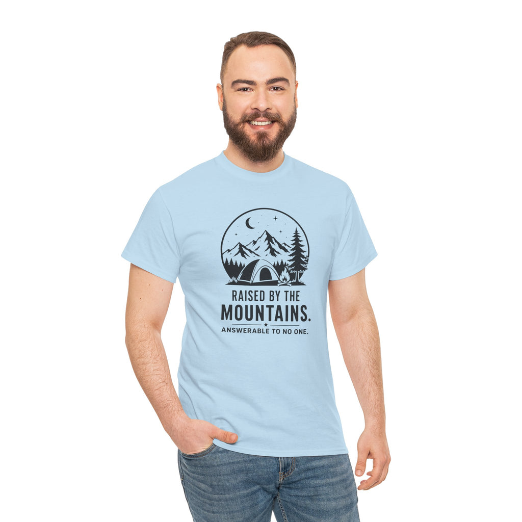 Mountain Camp Graphic Tee — "Raised by the Mountains" Adventure T‑Shirt