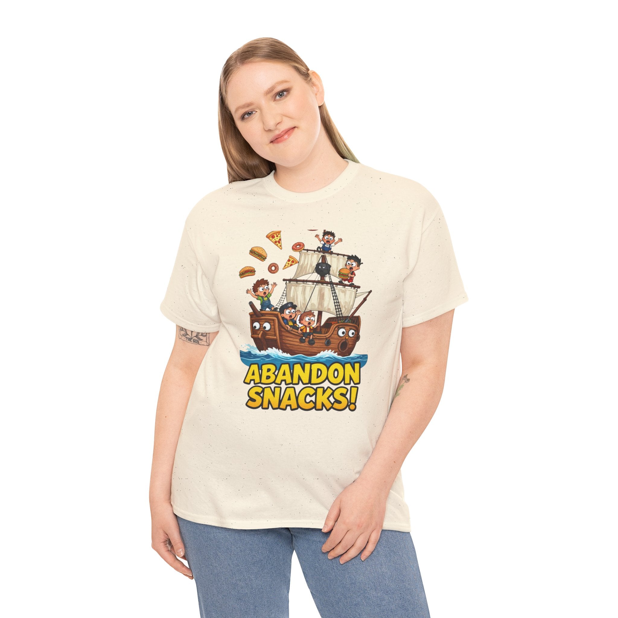 Abandon Snacks T-Shirt – Funny Pirate Ship Food Chaos Cartoon | Nautical Humour Foodie Graphic Tee
