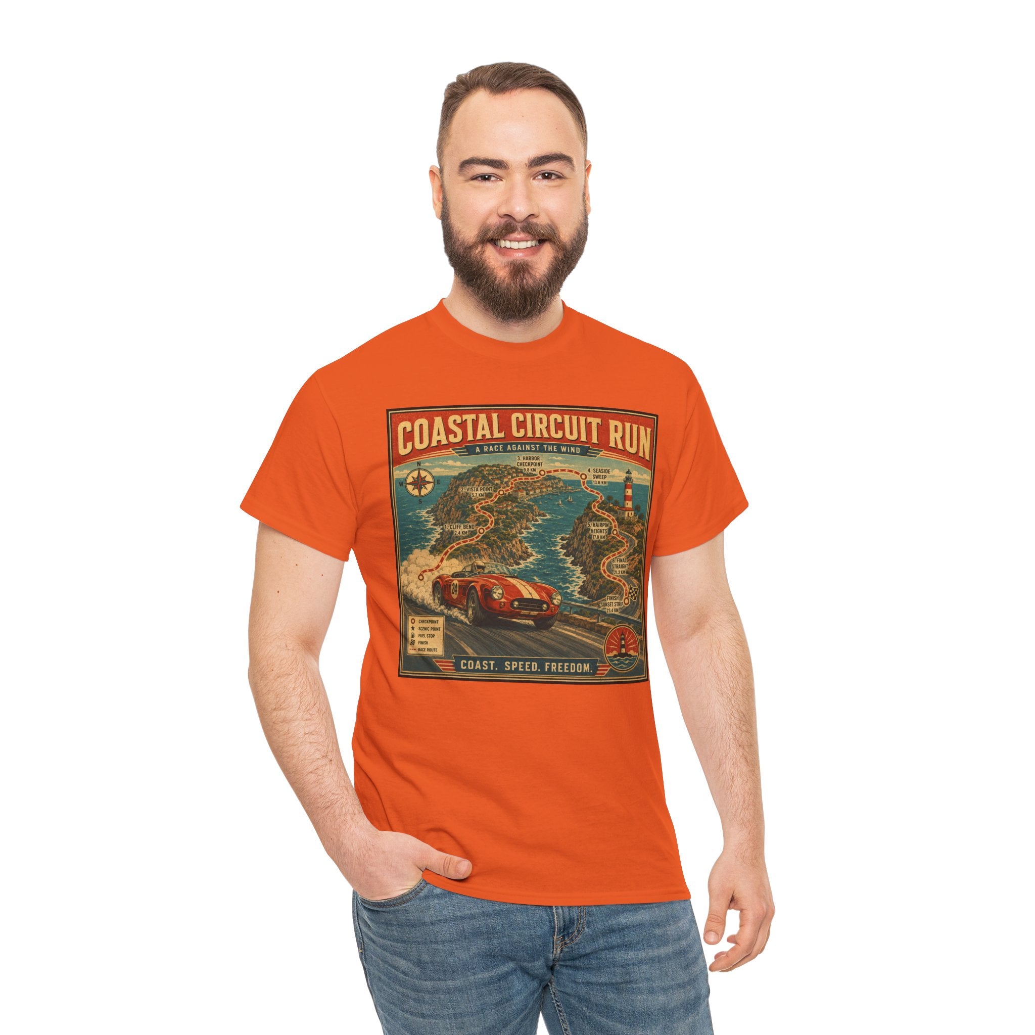 Coastal Circuit Run T-Shirt | Vintage Racing Map Graphic Tee | Classic Car Rally Route Shirt | Retro Motorsport Travel Poster Art