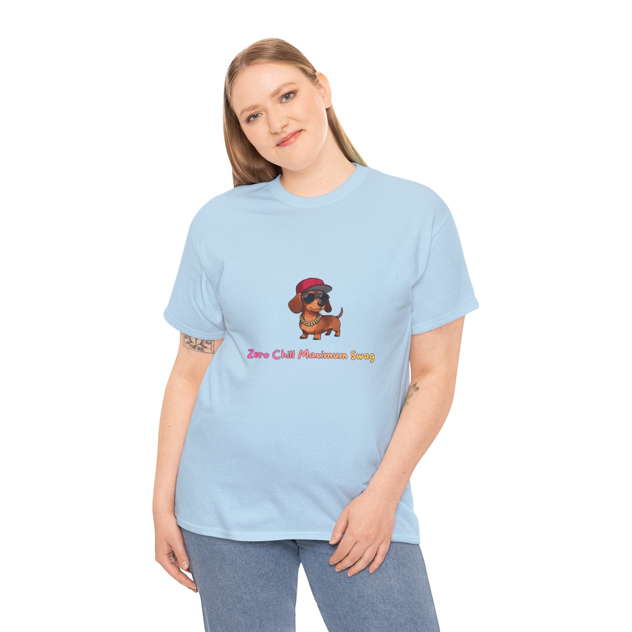Zero Chill Maximum Swag T-Shirt – Funny Dachshund Hip Hop Attitude Gold Chain | Sausage Dog Wiener Dog Graphic Tee