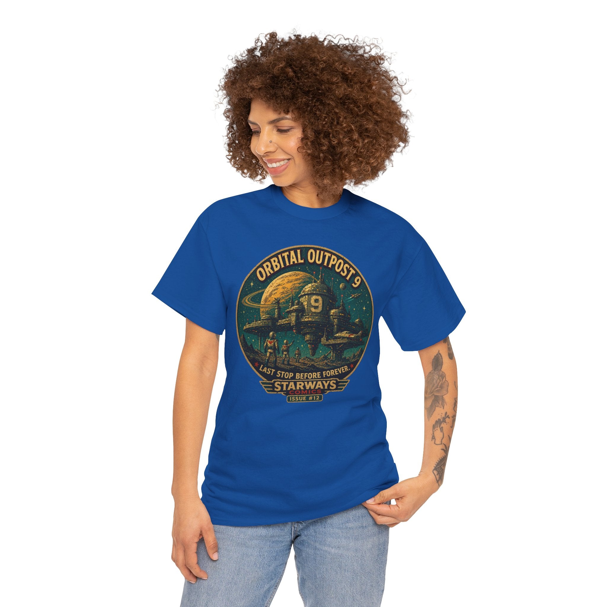 Orbital Outpost 9 T-Shirt | Retro Sci-Fi Space Station Graphic Tee | Vintage Astronaut Comic Shirt | Starways Comics Issue 12