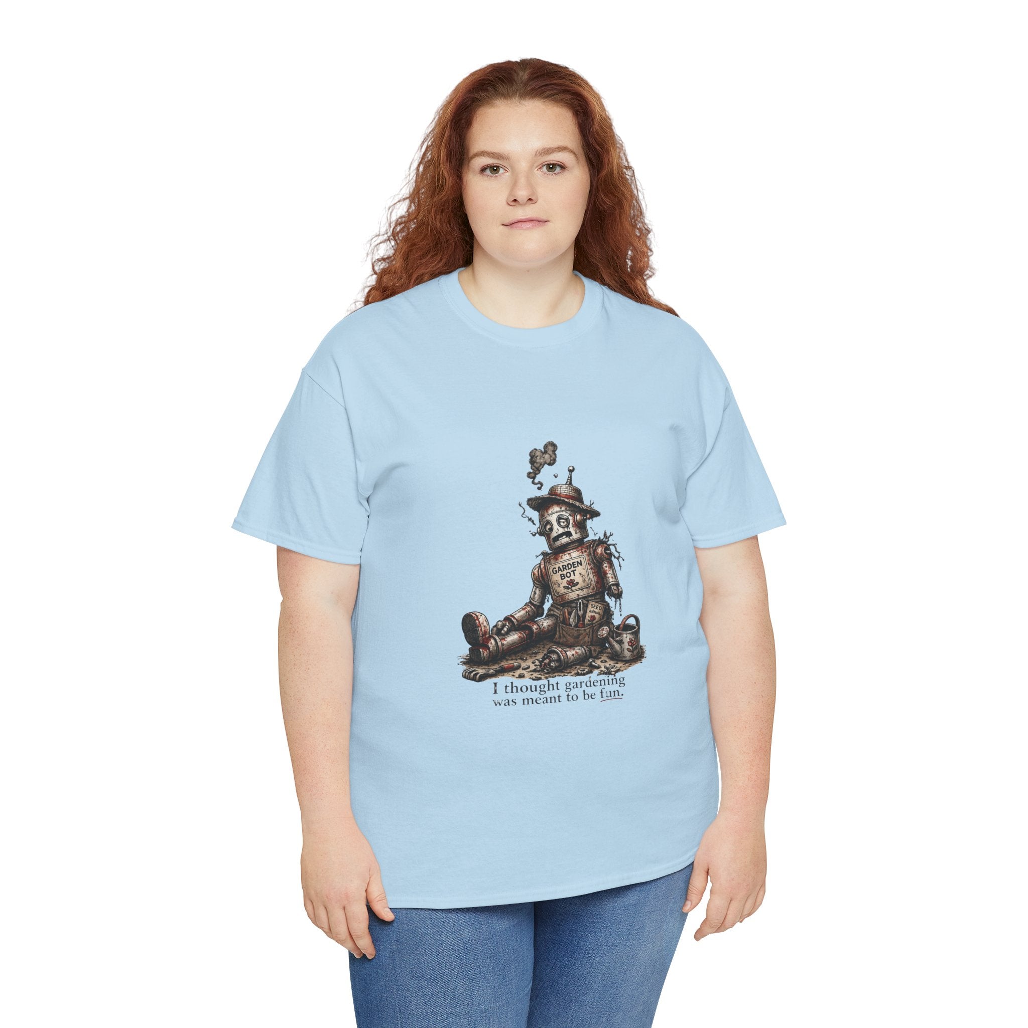 T-Shirt — Vintage Tin Toy Robot Illustration Tee (“I thought gardening was meant to be fun.”)