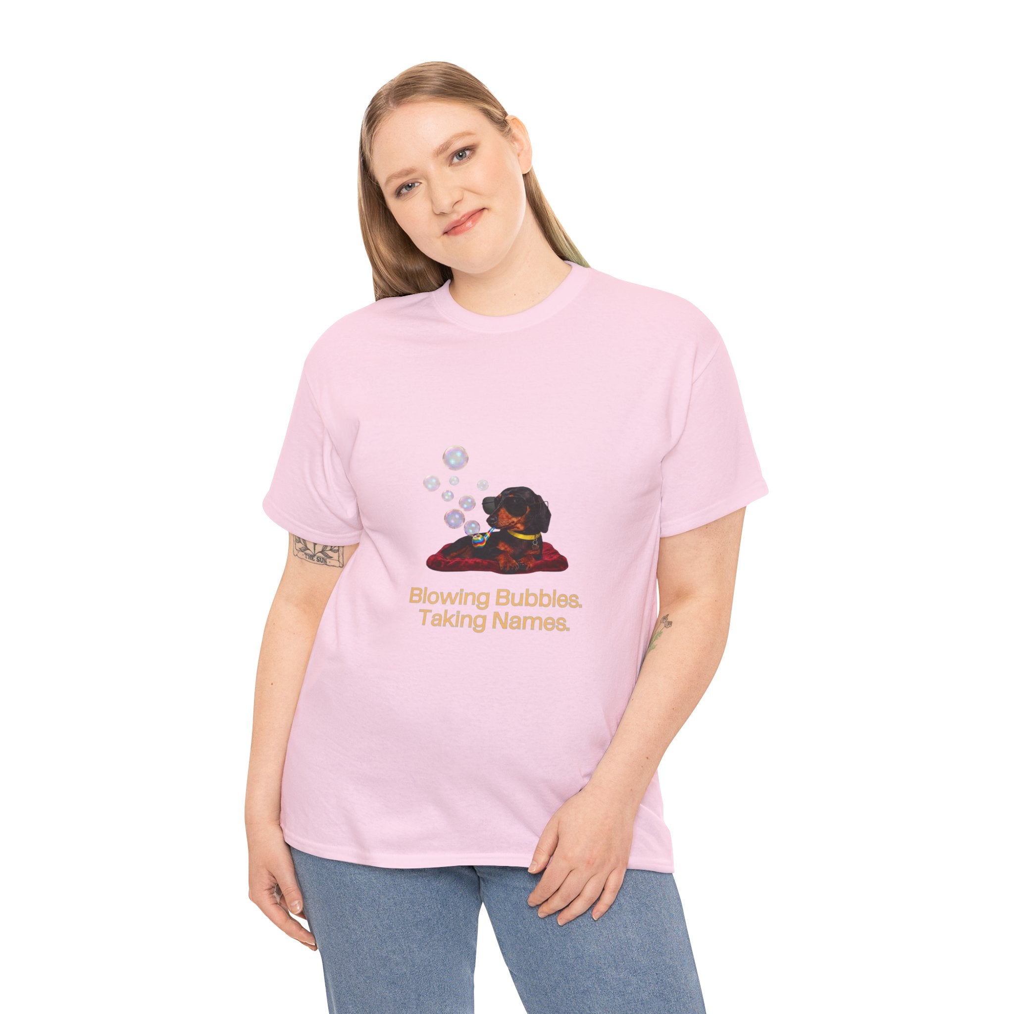 Blowing Bubbles Taking Names T-Shirt – Funny Cool Dachshund Sunglasses Bubble Pipe | Sausage Dog Wiener Dog Graphic Tee