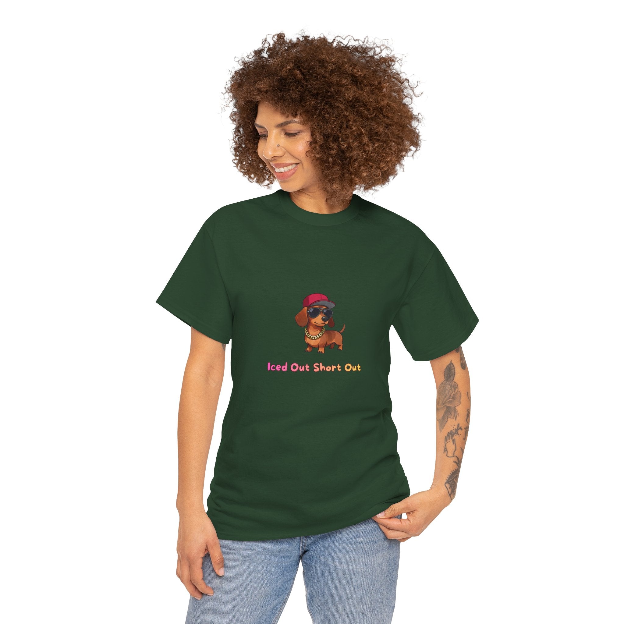 Iced Out Short Out T-Shirt – Funny Dachshund Gold Chain Bling Hip Hop | Wiener Dog Sausage Dog Graphic Tee