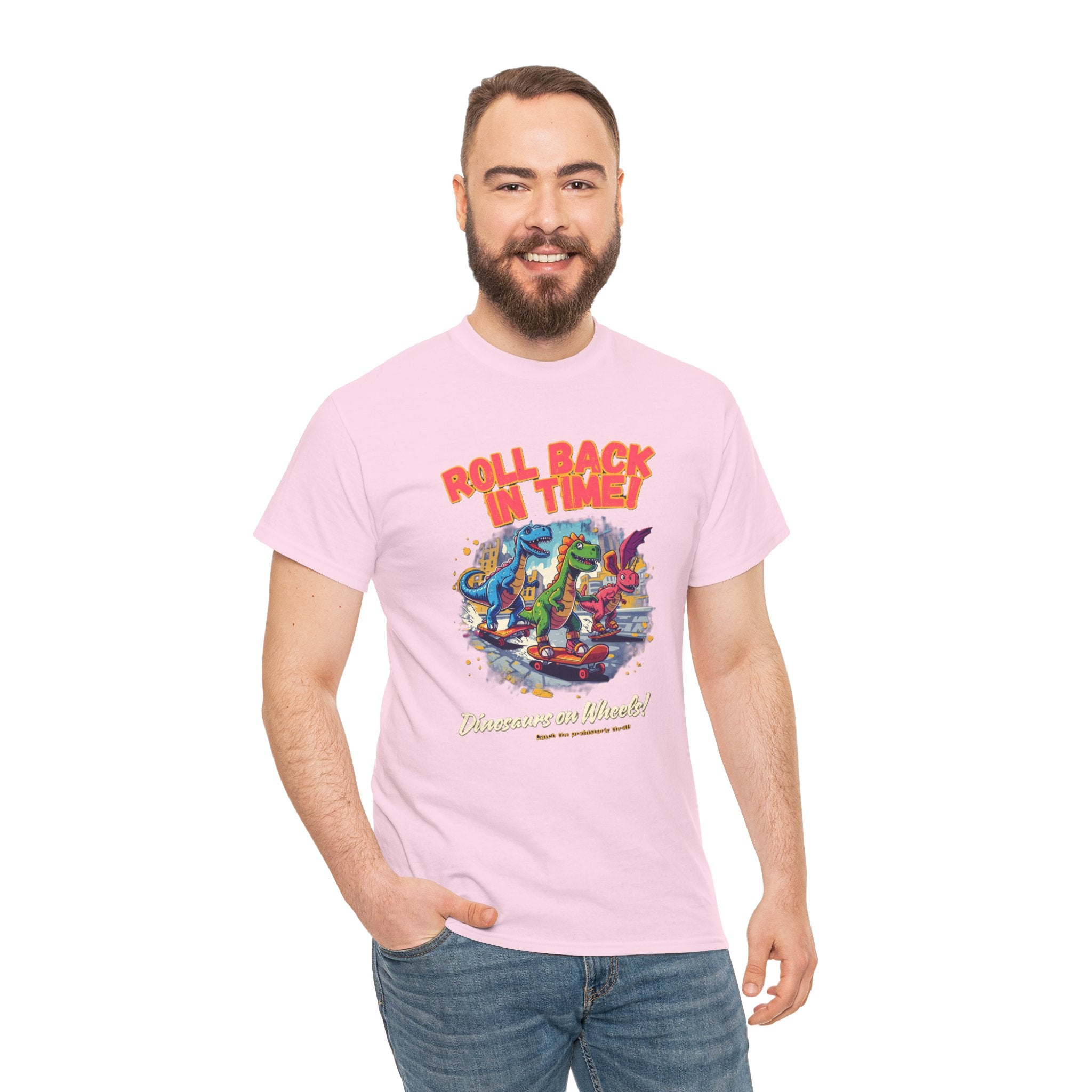 Roll Back In Time T-Shirt | Skateboarding Dinosaurs Street Art Design | Funny Dino Graphic Tee | Cartoon Fun Collection
