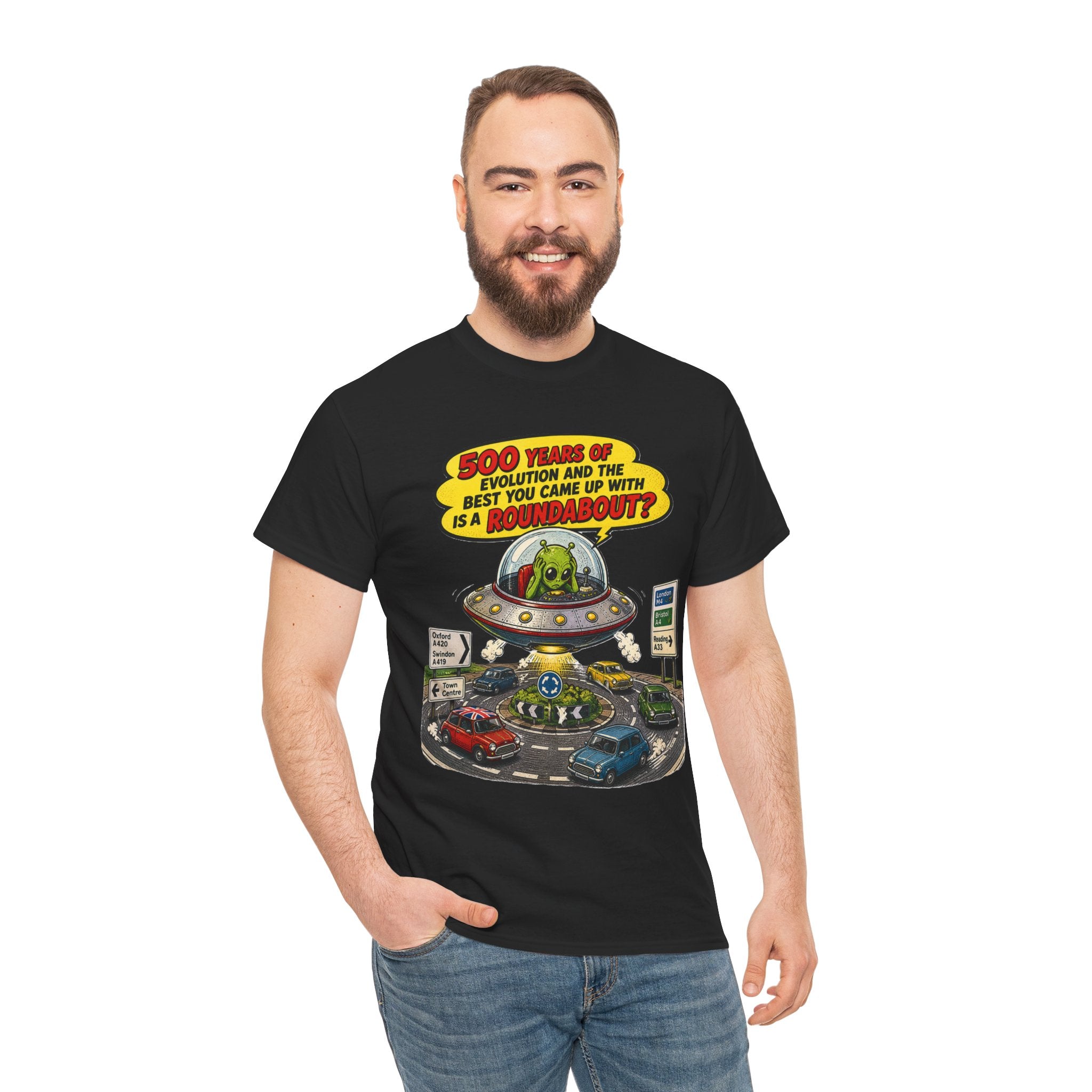 Alien UFO Roundabout T-Shirt — Vintage Comic Space Humor Tee