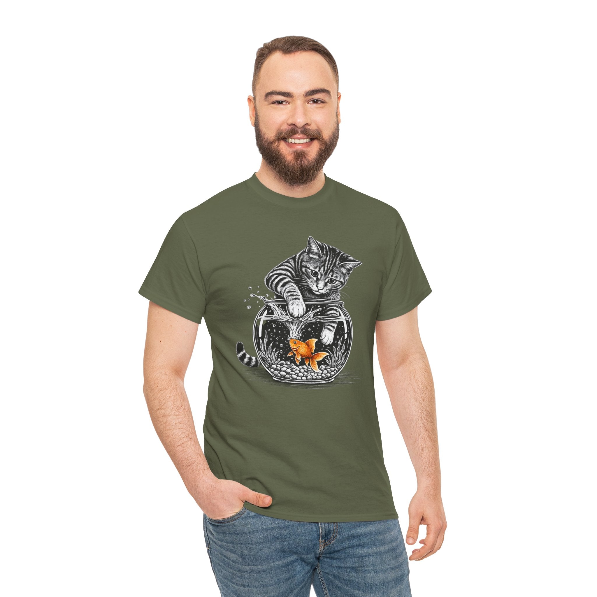 Cat and Goldfish Tee Dark — Playful Kitten Fishing Fishbowl Graphic T-Shirt