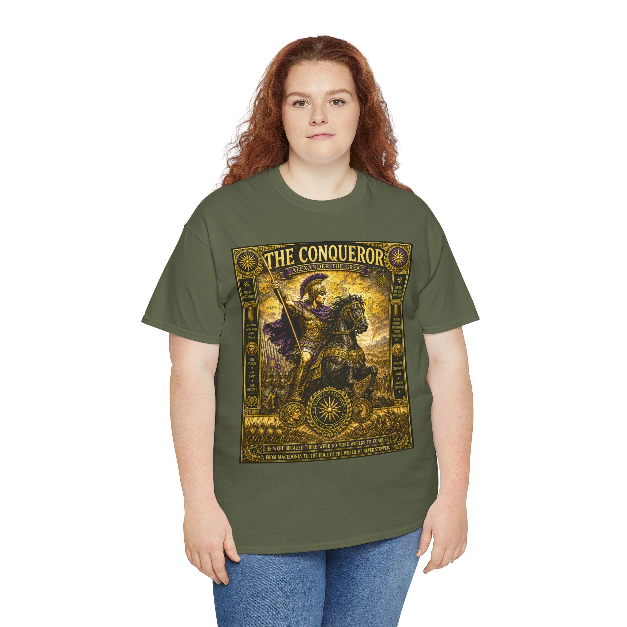 The Conqueror – Alexander the Great Macedonian Empire Ancient Battle Graphic T-Shirt - He wept because there were no more worlds to conquer.