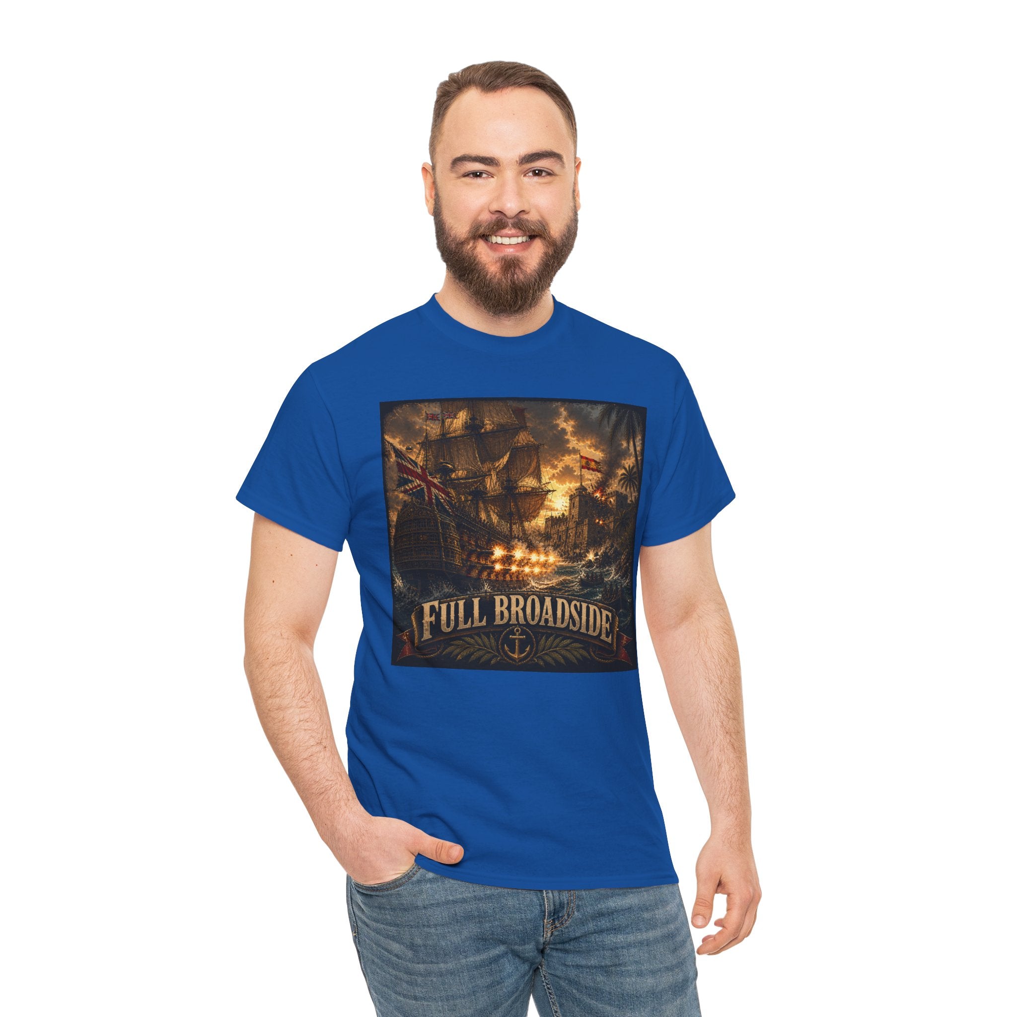 Full Broadside T-Shirt – British Warship Cannon Attack | Age of Sail Naval Battle Graphic Tee