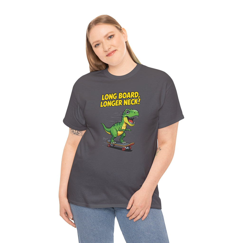 Long Board Longer Neck T-Shirt – Funny Green Dinosaur Longboard Skateboard Cartoon | Dino Skater Graphic Tee