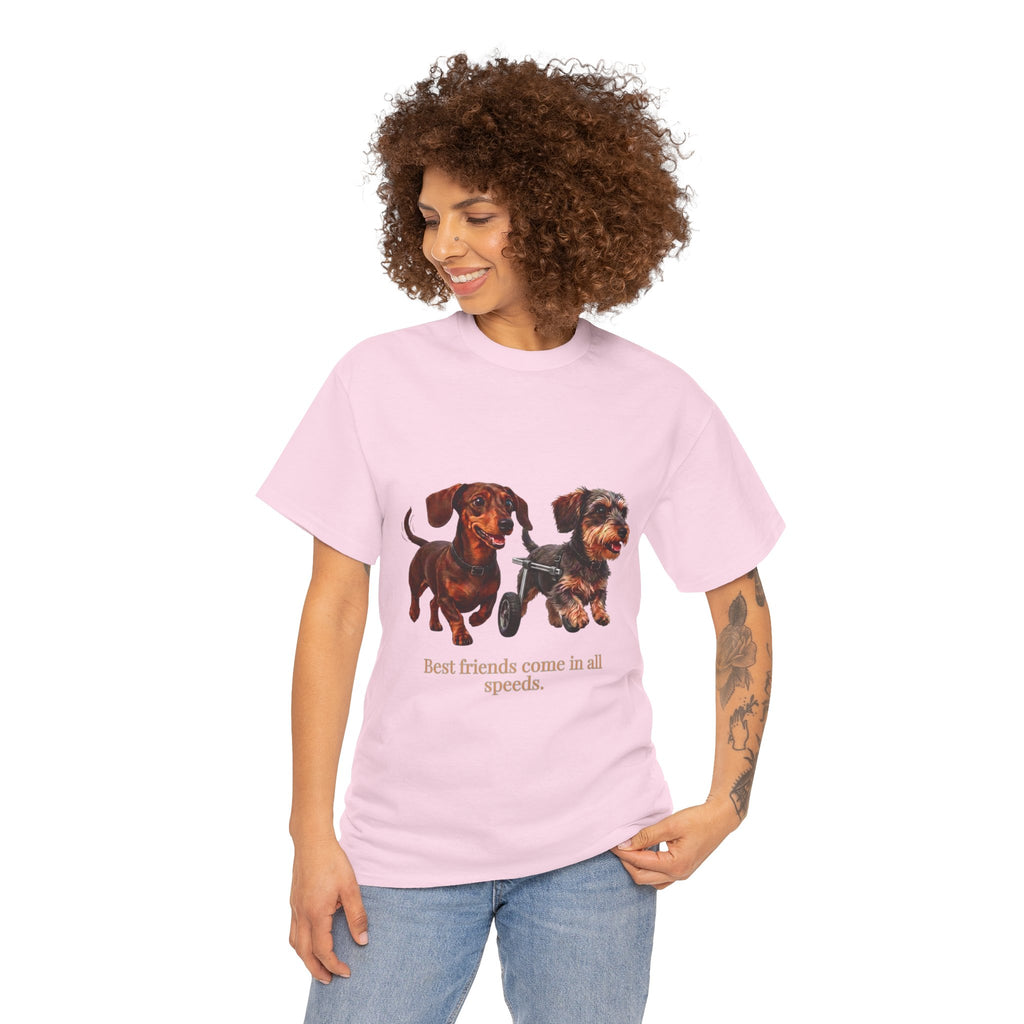 Dachshund Friends T‑Shirt — “Best Friends Come in All Speeds T-Shirt | Cute Dachshund Wheelchair Dog Tee | Heartwarming Furry Friends Graphic Dog Lover Tee