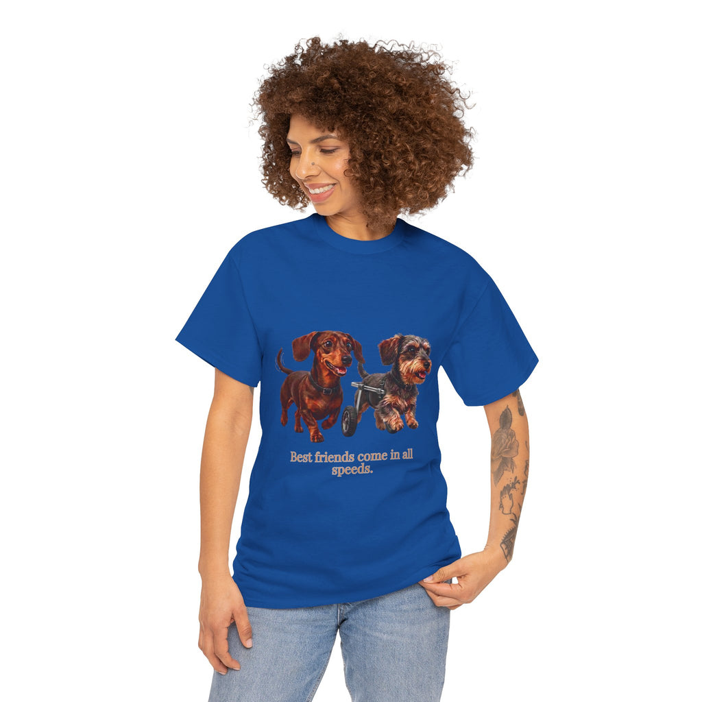 Dachshund Friends T‑Shirt — “Best Friends Come in All Speeds T-Shirt | Cute Dachshund Wheelchair Dog Tee | Heartwarming Furry Friends Graphic Dog Lover Tee