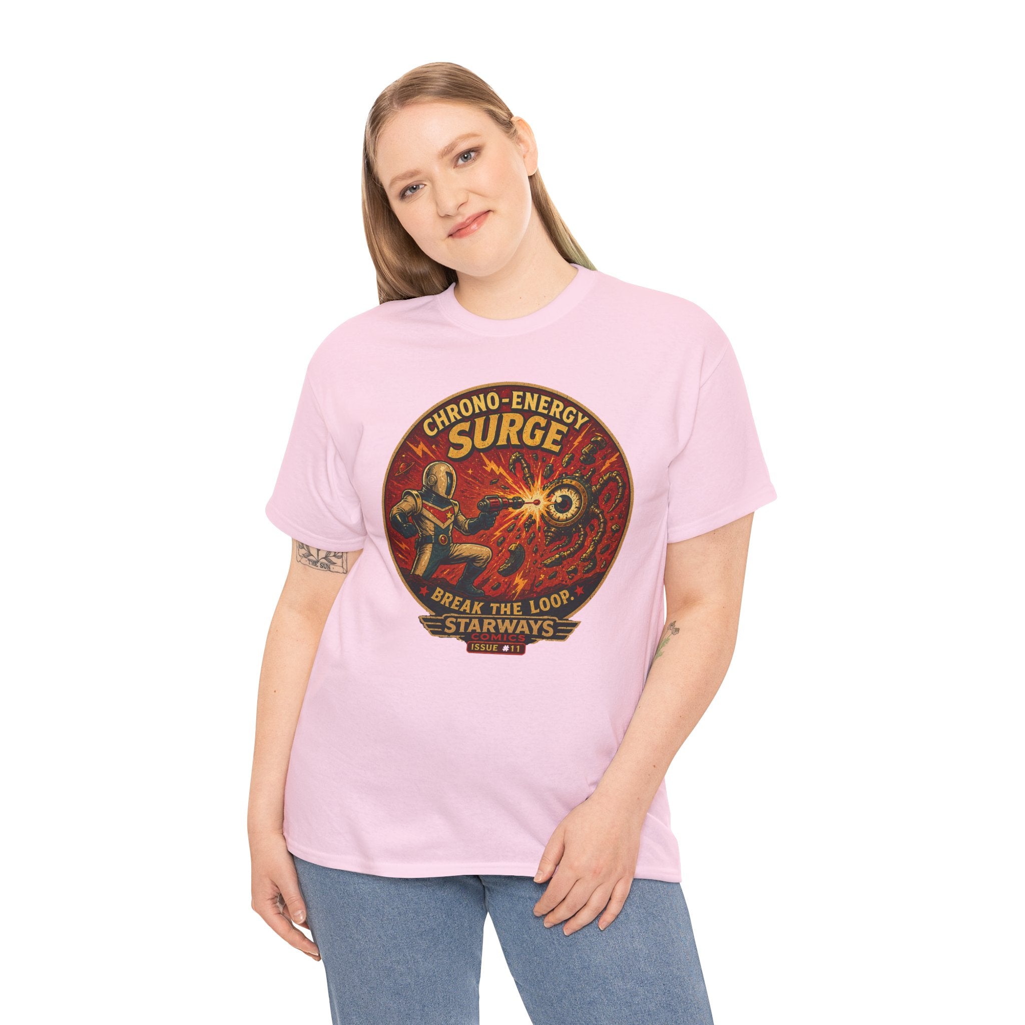 Chrono Energy Surge Retro Sci-Fi T-Shirt | Starways Comics Issue 11 | Vintage Astronaut Ray Gun Battle Graphic Tee | Classic Space Age Comic Art