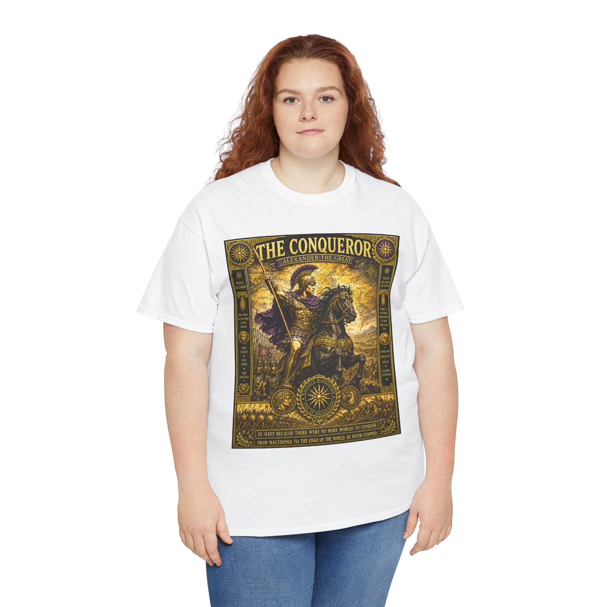 The Conqueror – Alexander the Great Macedonian Empire Ancient Battle Graphic T-Shirt - He wept because there were no more worlds to conquer.