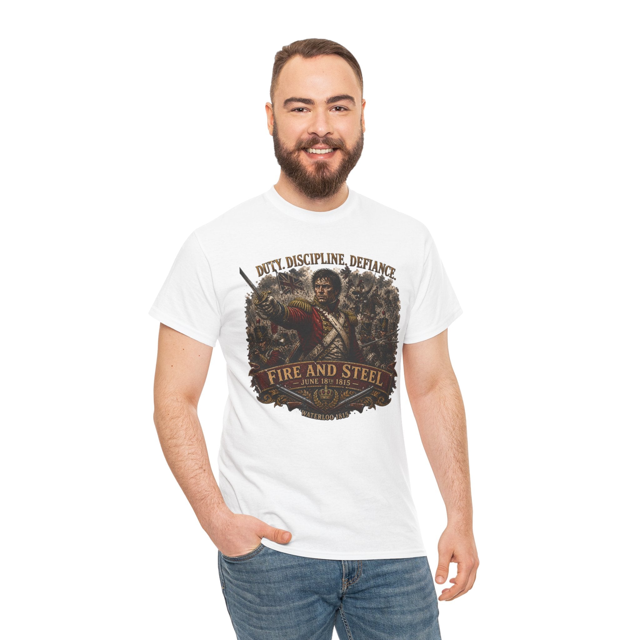 Fire and Steel — Waterloo 1815 T-Shirt | Duty. Discipline. Defiance. | British Officer Battle Graphic Tee | Napoleonic Wars Heritage Gift