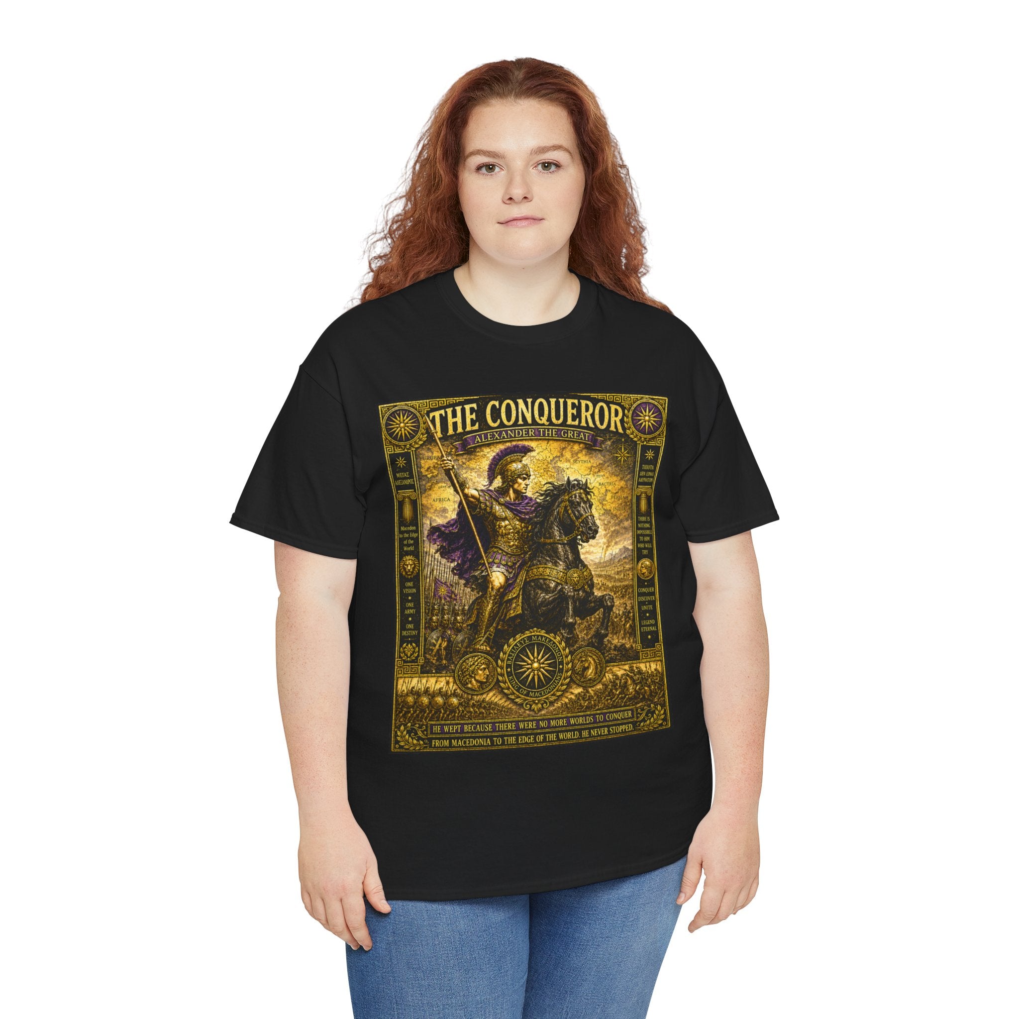 The Conqueror – Alexander the Great Macedonian Empire Ancient Battle Graphic T-Shirt - He wept because there were no more worlds to conquer.